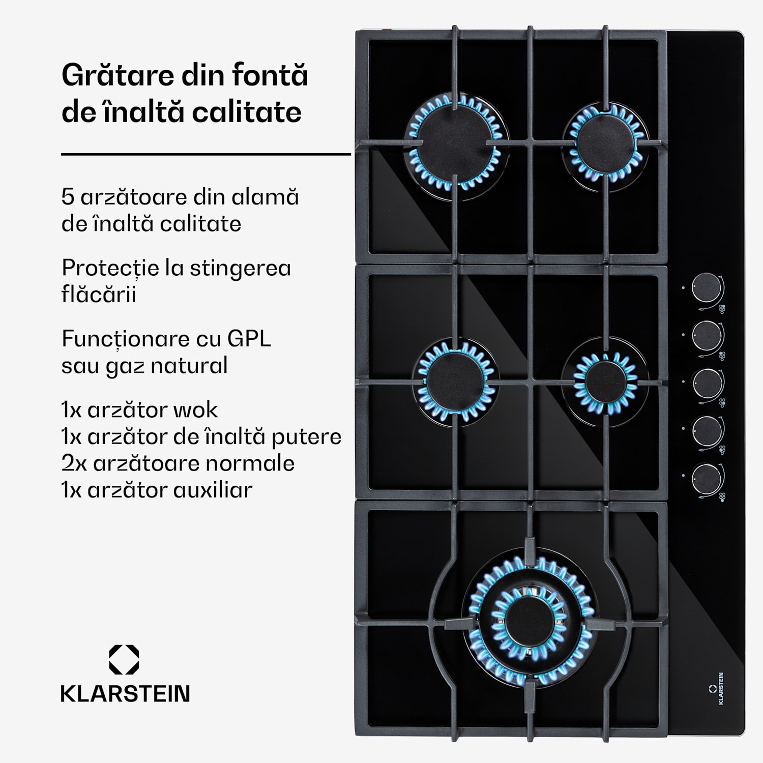 Ignito Chef Edition, 5 zone, plită pe gaz, 5 arzătoare, arzătoare Sabaf, suprafață din sticlă ceramică 