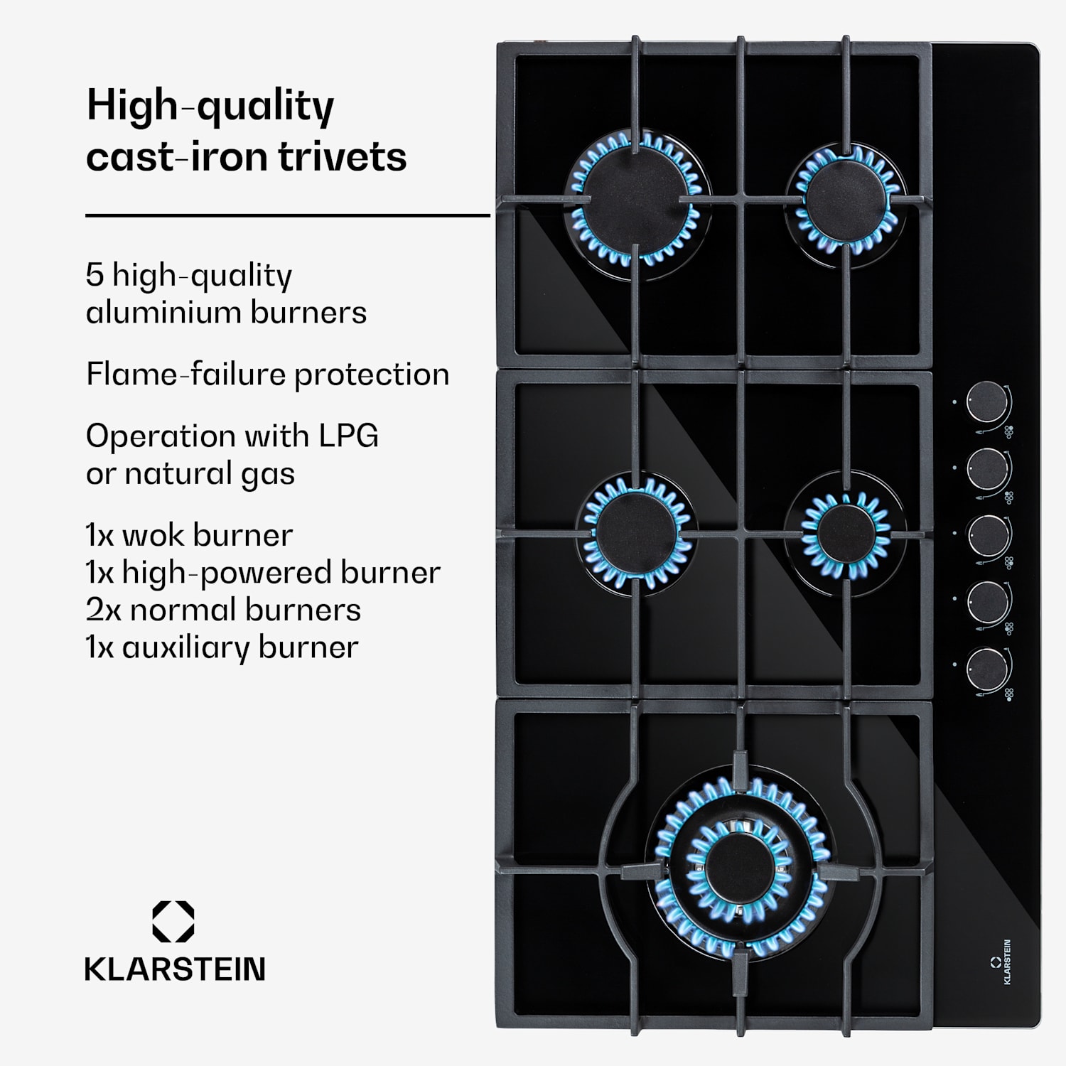 Ignito Chef Edition 5 alueen kaasuliesi 5-liekkinen Sabaf-polttimet lasikeramiikka 90 cm | Musta