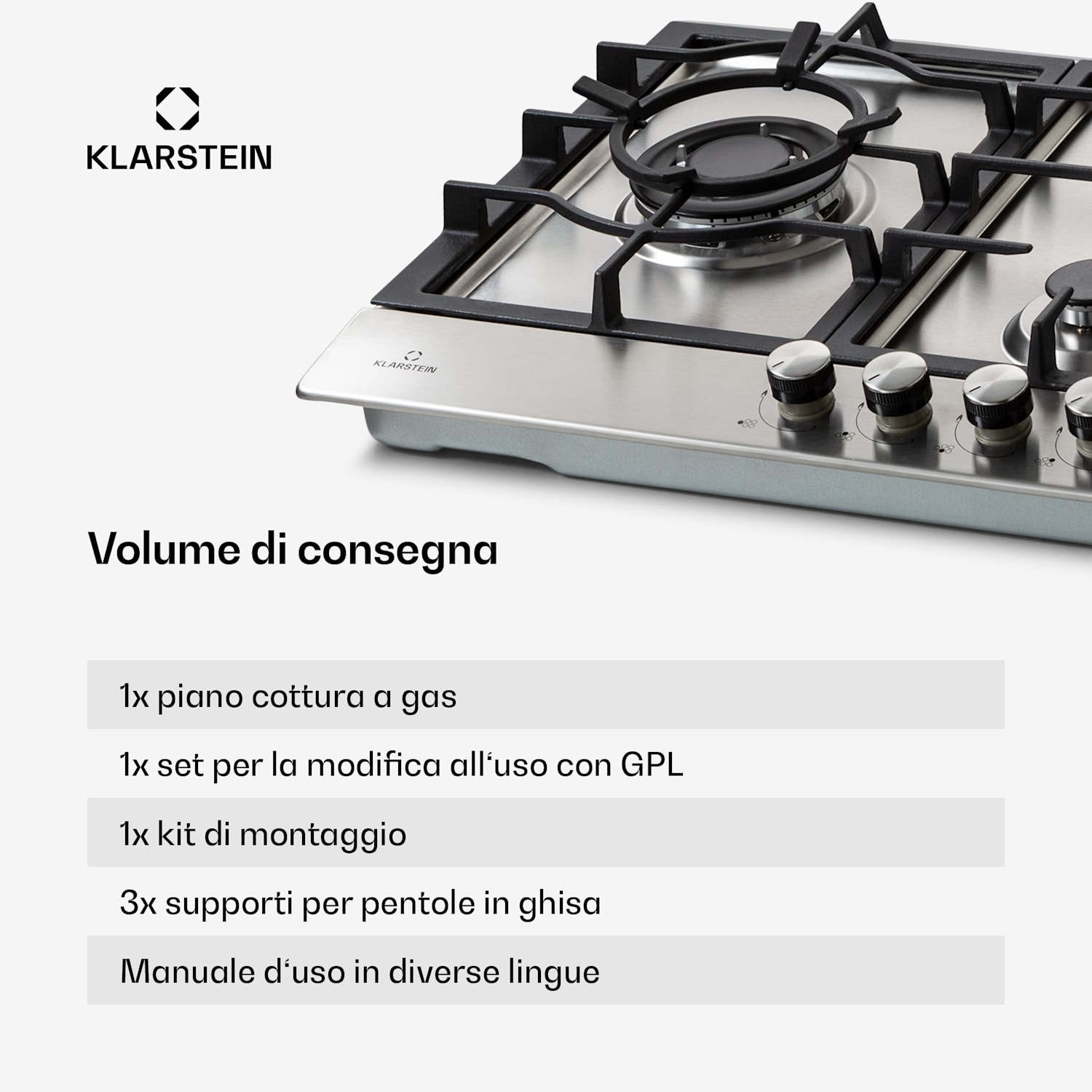 Ignito Chef Edition - Piano cottura a gas, 5 zone, 5 fuochi, bruciatori Sabaf, vetroceramica 90 cm | Argento