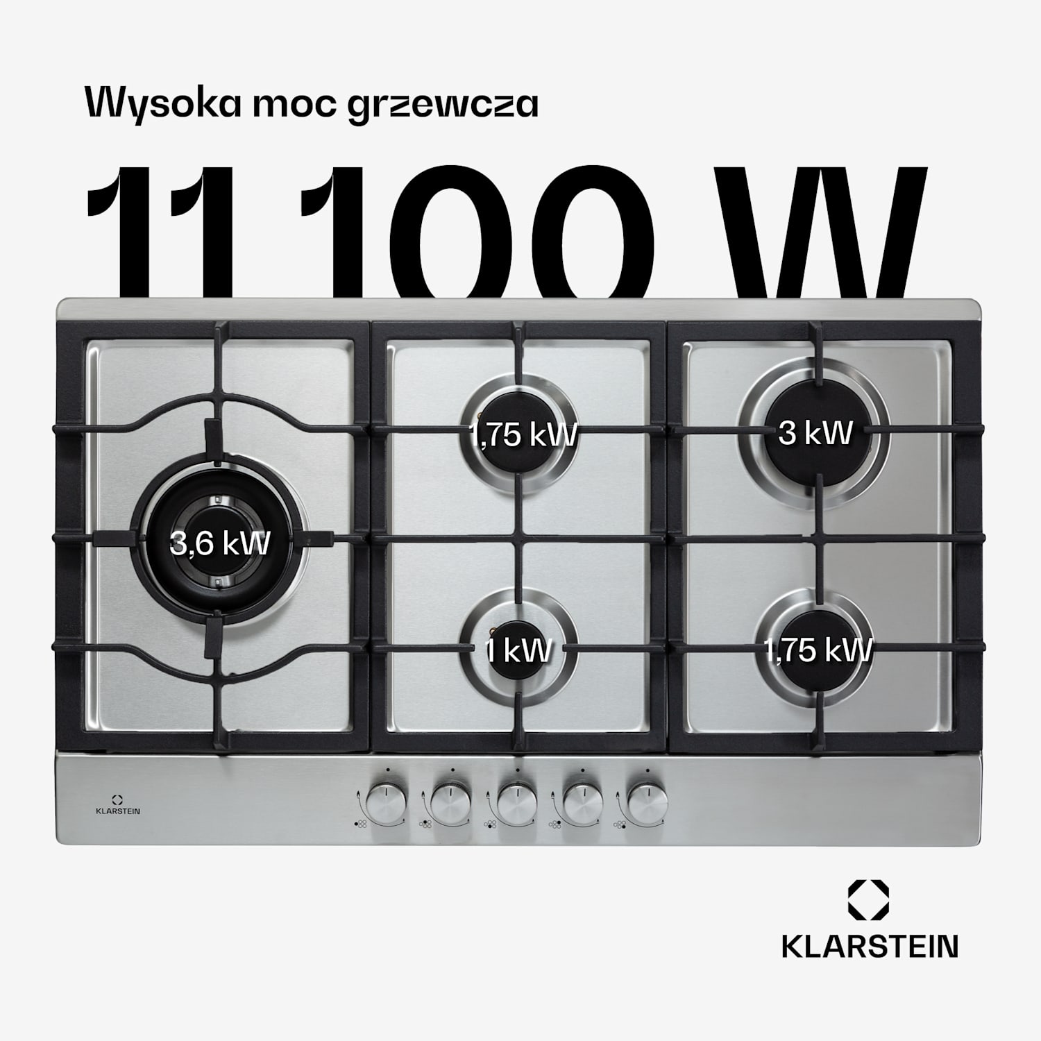 Ignito Chef Edition, płyta gazowa, 5 palników typu Sabaf, szkło ceramiczne 90 cm | Srebrny