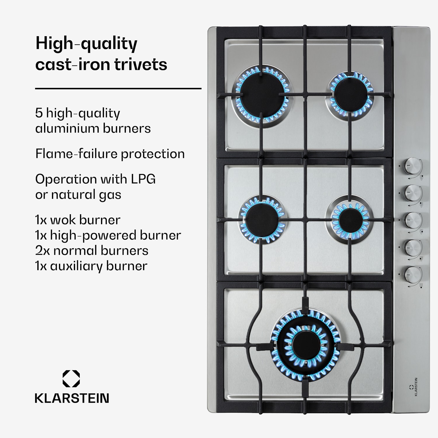 Ignito Chef Edition 5 zones gaskookplaat 5 branders Sabaf branders glaskeramiek 90 cm | Zilver