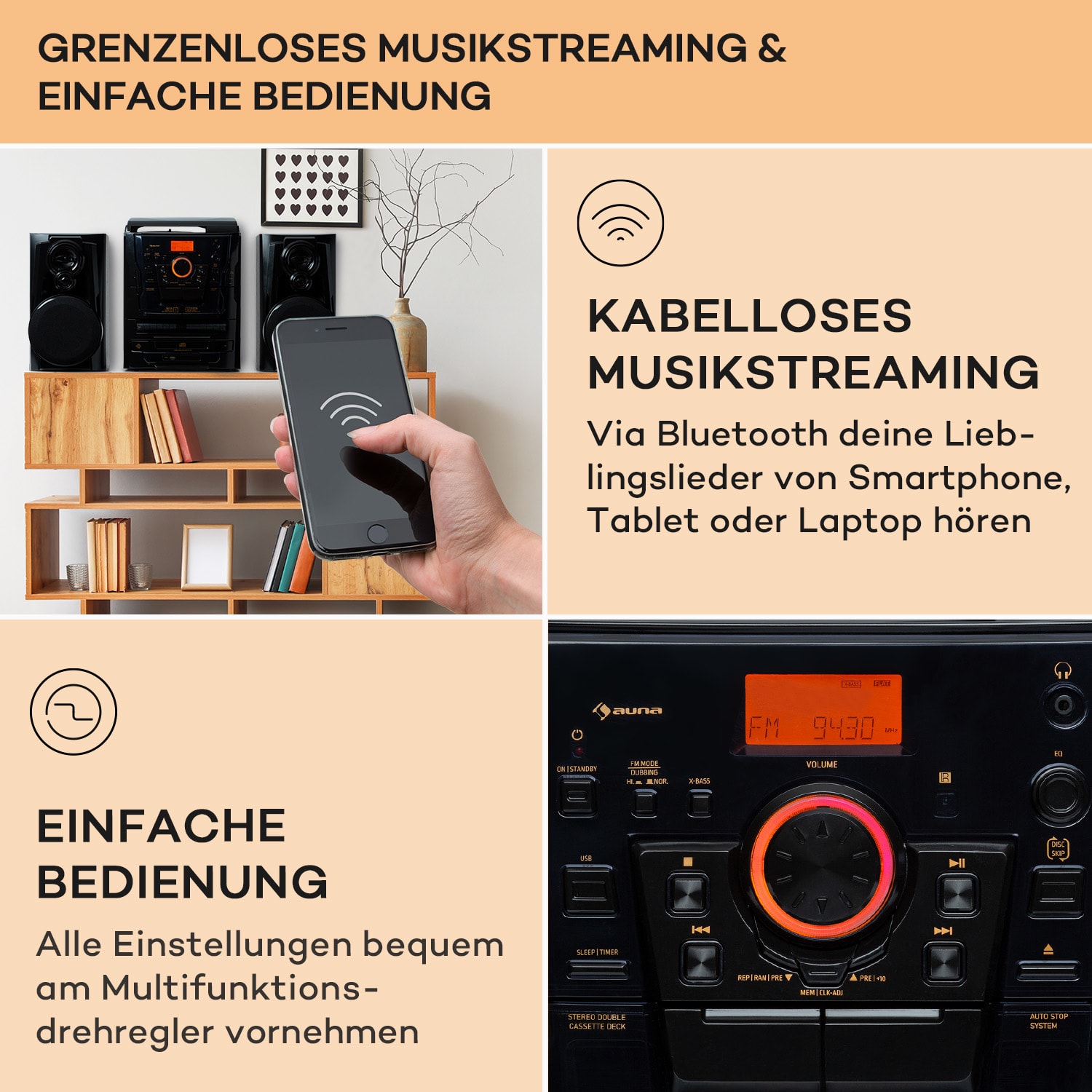 Franklin Stereoanlage Plattenspieler 3-fach-CD-Player BT Kassetten AUX USB-Port Schwarz