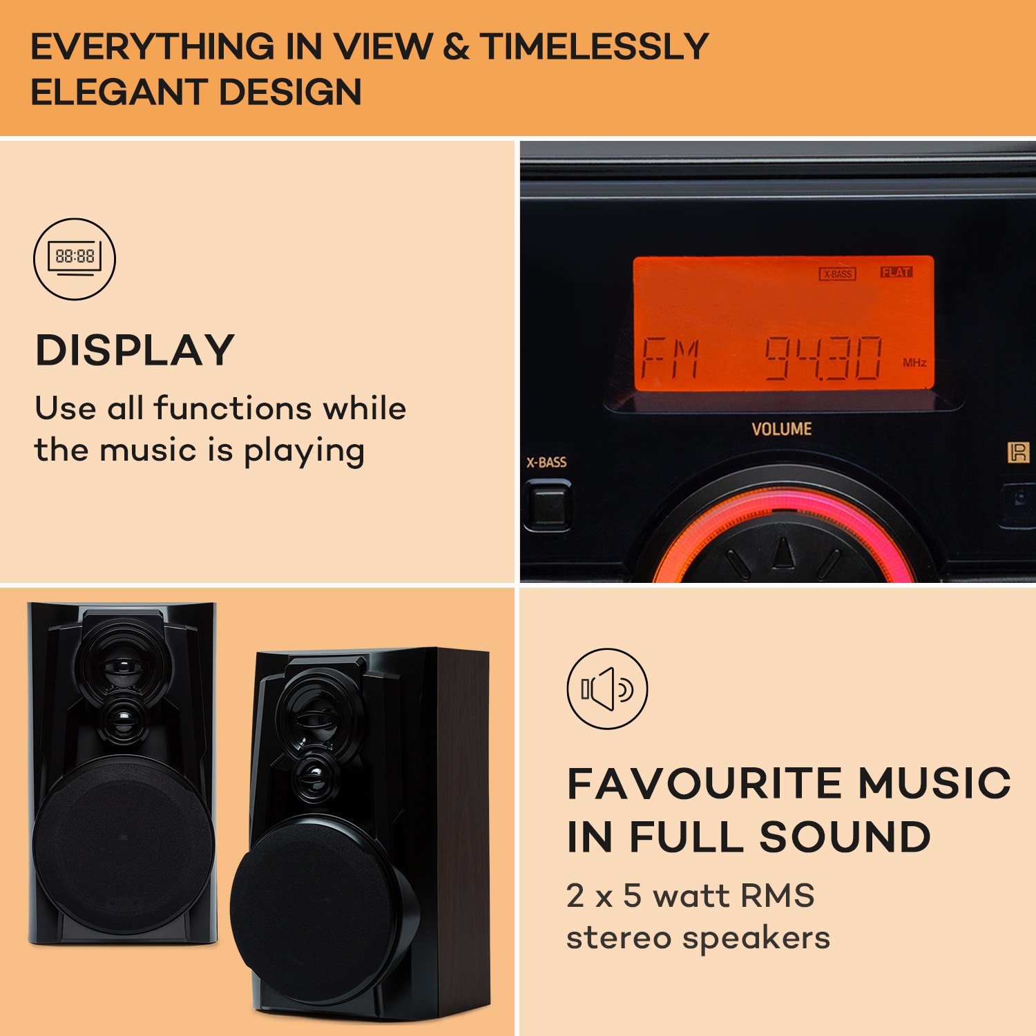 Franklin Stereo System Turntable 3-Disc CD Player BT Cassettes AUX USB Port Black