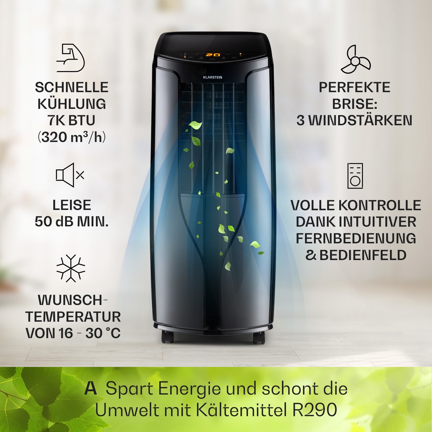 New Breeze 7 mobile Klimaanlage 7000BTU 2,1kW 34m² mobil Fernbedienung 7.000 BTU | Schwarz
