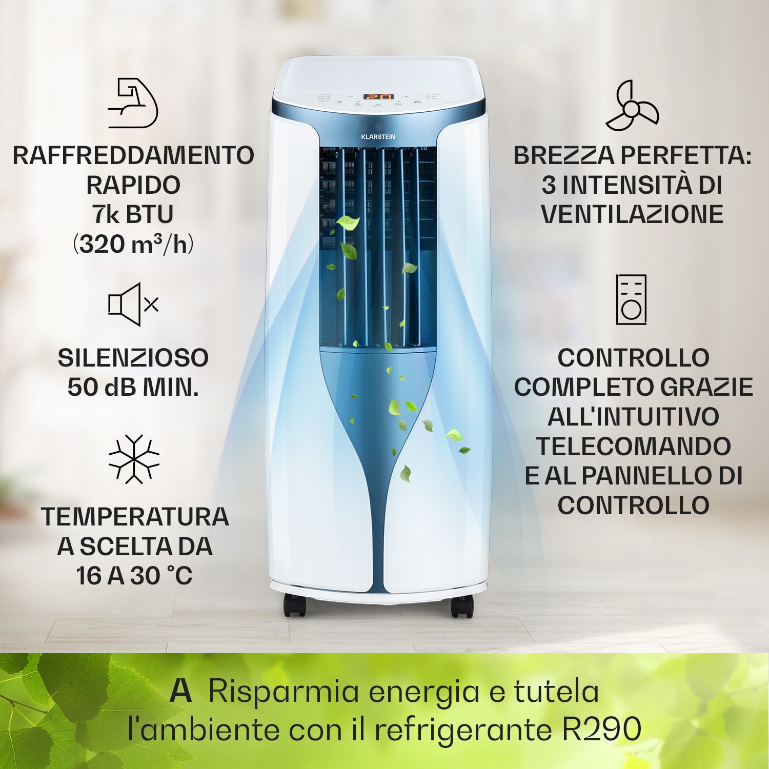 New Breeze 7 climatizzatore portatile, 7000BTU, 2,1 kW, fino a 34m², CEE A, telecomando portatile 