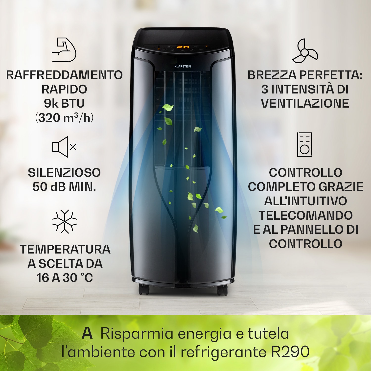 New Breeze 9 - Climatizzatore portatile 4 in 1, 9.000 BTU/2,6 kW, CEE A, rotelle, funzione timer 9.000 BTU | Nero
