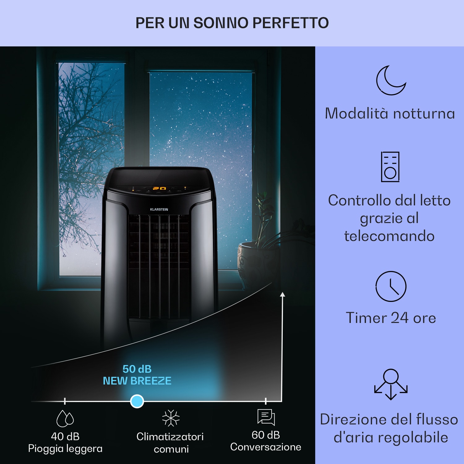 New Breeze 9 - Climatizzatore portatile 4 in 1, 9.000 BTU/2,6 kW, CEE A, rotelle, funzione timer 9.000 BTU | Nero