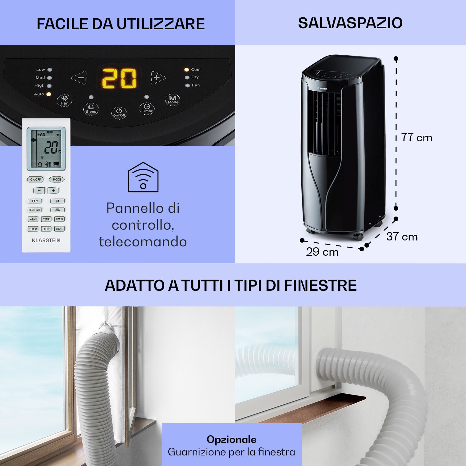 New Breeze 9 - Climatizzatore portatile 4 in 1, 9.000 BTU/2,6 kW, CEE A, rotelle, funzione timer 9.000 BTU | Nero