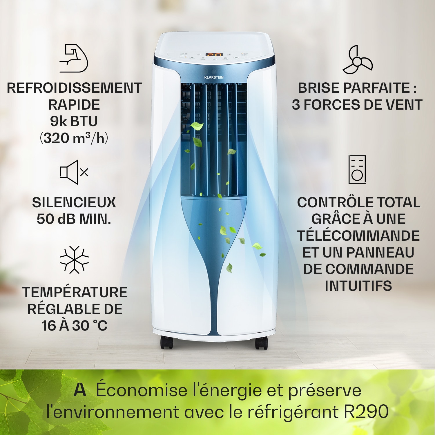 New Breeze 9 Climatiseur mobile 4 en 1 9000 BTU / 2,6 kW EEK A Roulettes au sol Minuterie 9.000 BTU | Blanc/bleu métallisé