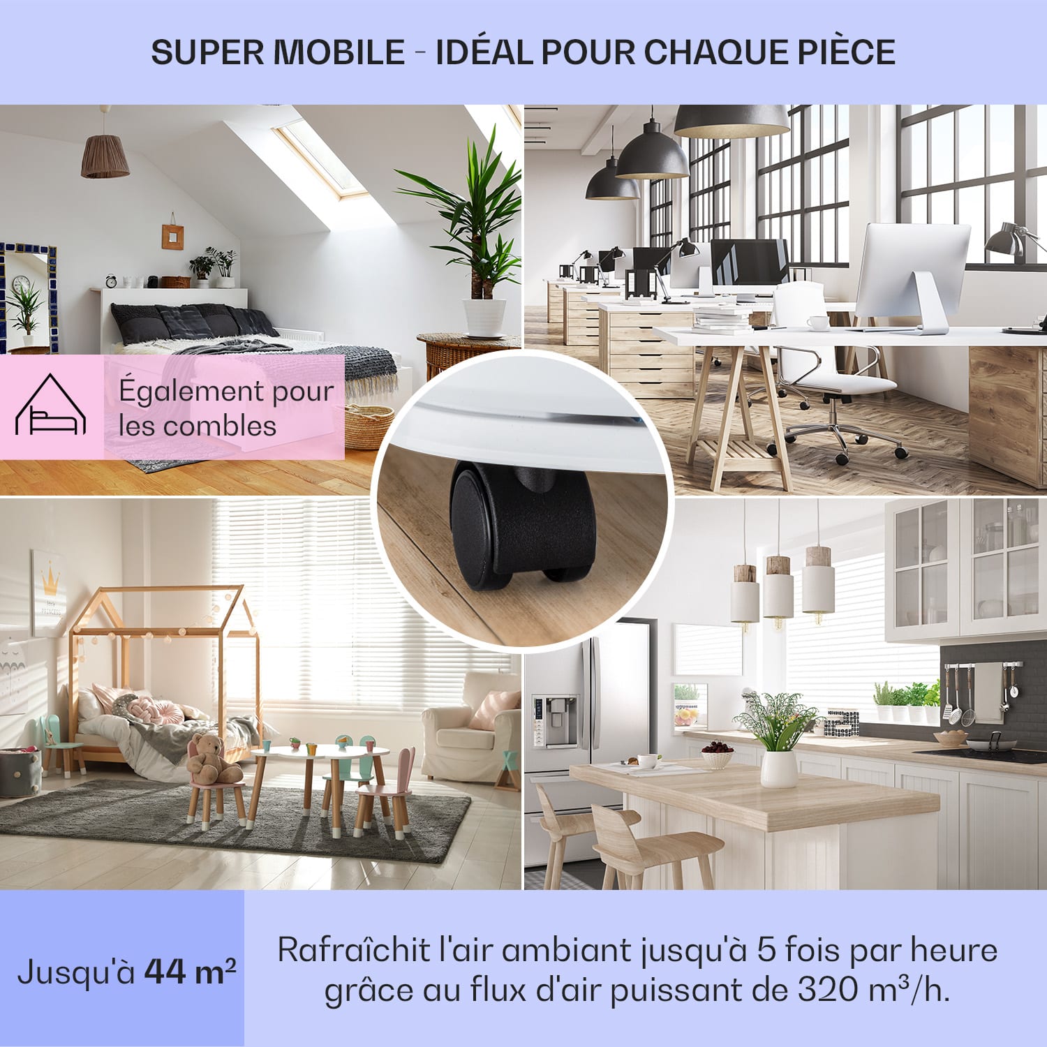 New Breeze 9 Climatiseur mobile 4 en 1 9000 BTU / 2,6 kW EEK A Roulettes au sol Minuterie 9.000 BTU | Blanc/bleu métallisé