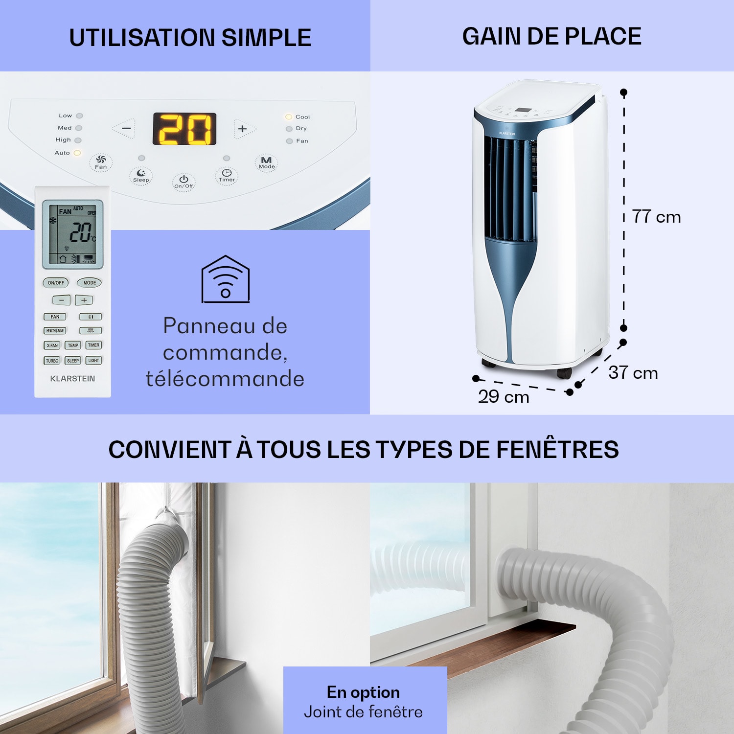New Breeze 9 Climatiseur mobile 4 en 1 9000 BTU / 2,6 kW EEK A Roulettes au sol Minuterie 9.000 BTU | Blanc/bleu métallisé