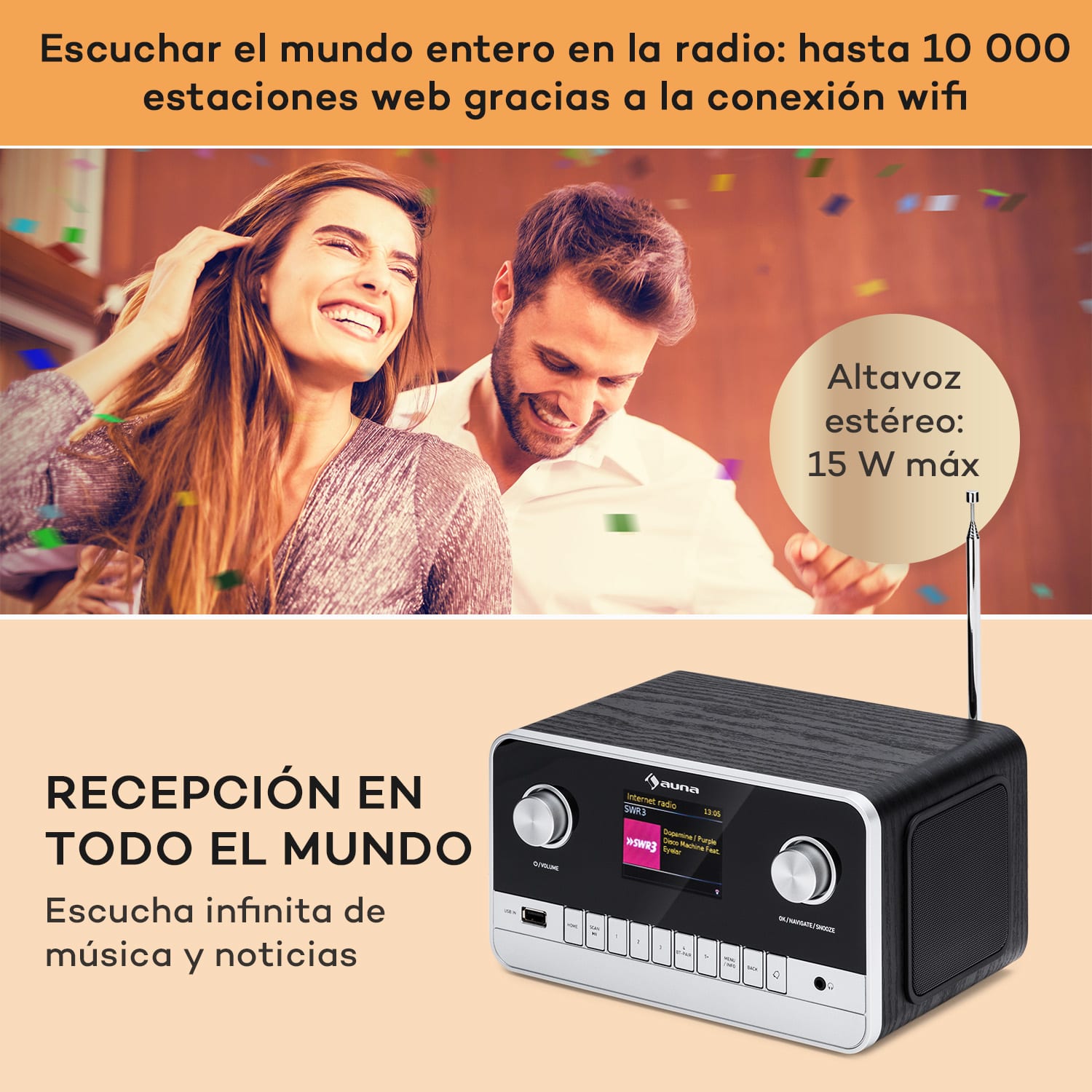 Connect 100 MKII radio por Internet, reproductor multimedia, Bluetooth, DAB/DAB+, control por app Madera Negra