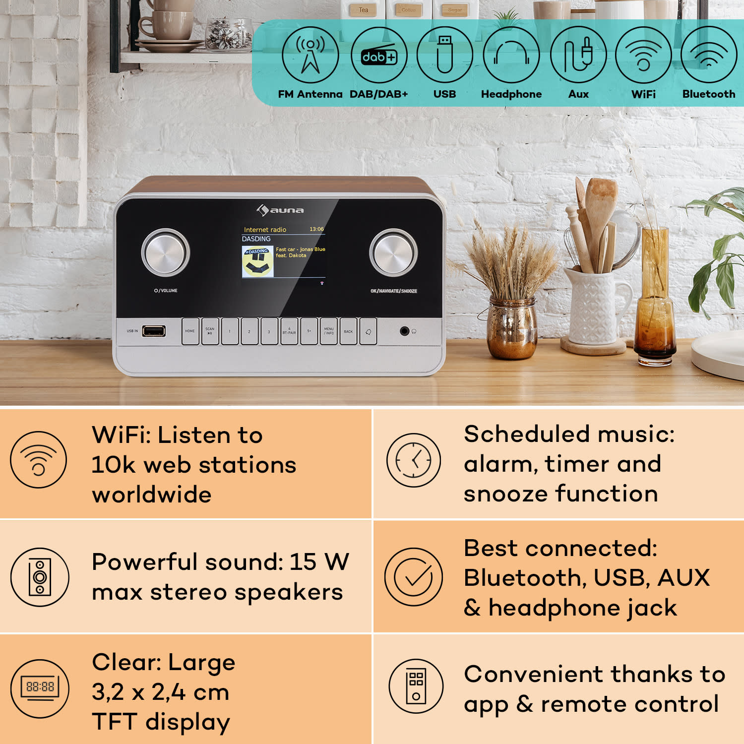 Connect 100 MKII, Internet radio, Media Player, Bluetooth, DAB/DAB+, kontrola putem aplikacije