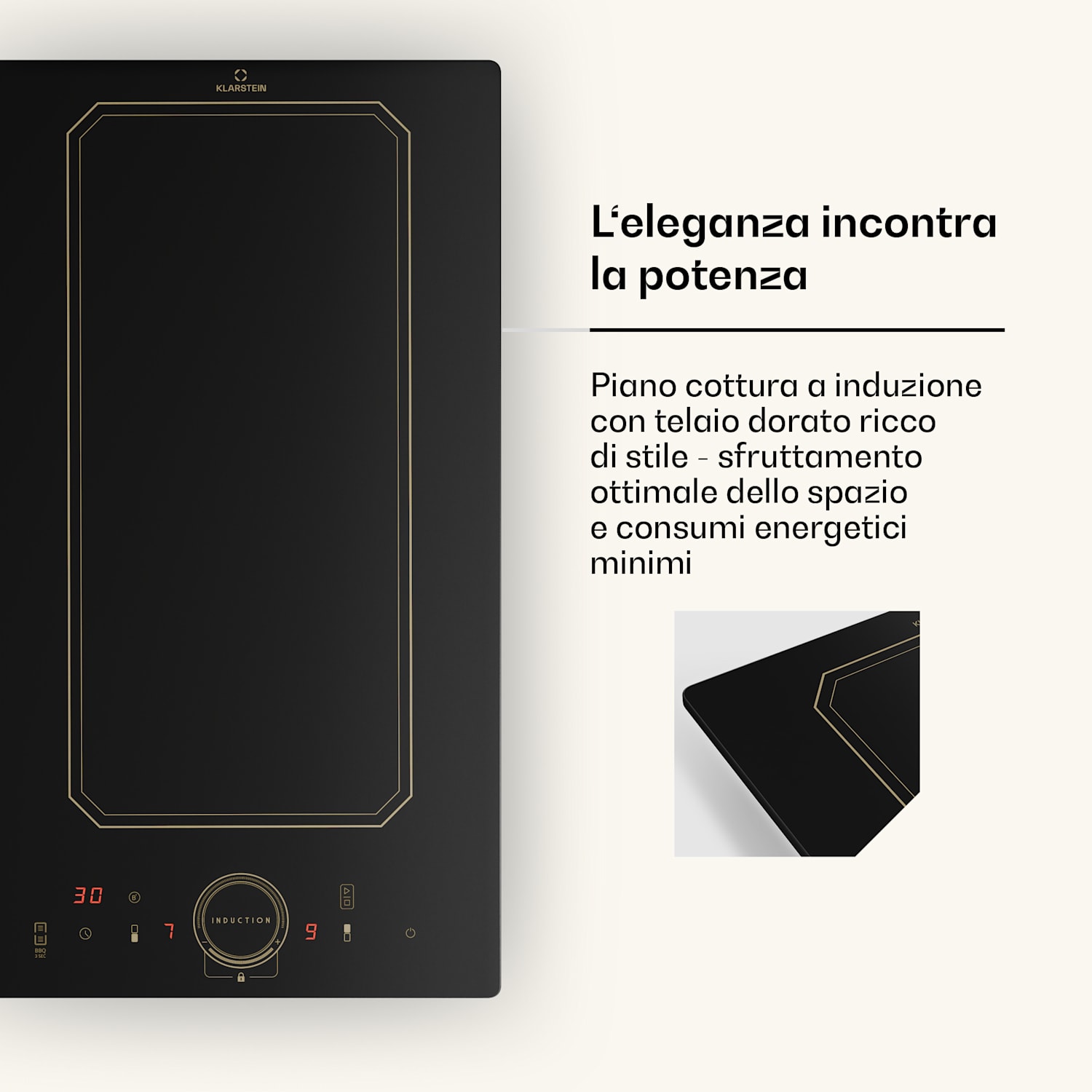 Victoria Domino - Piano cottura a induzione da incasso, 3500 W, Flexzone, timer  Nero