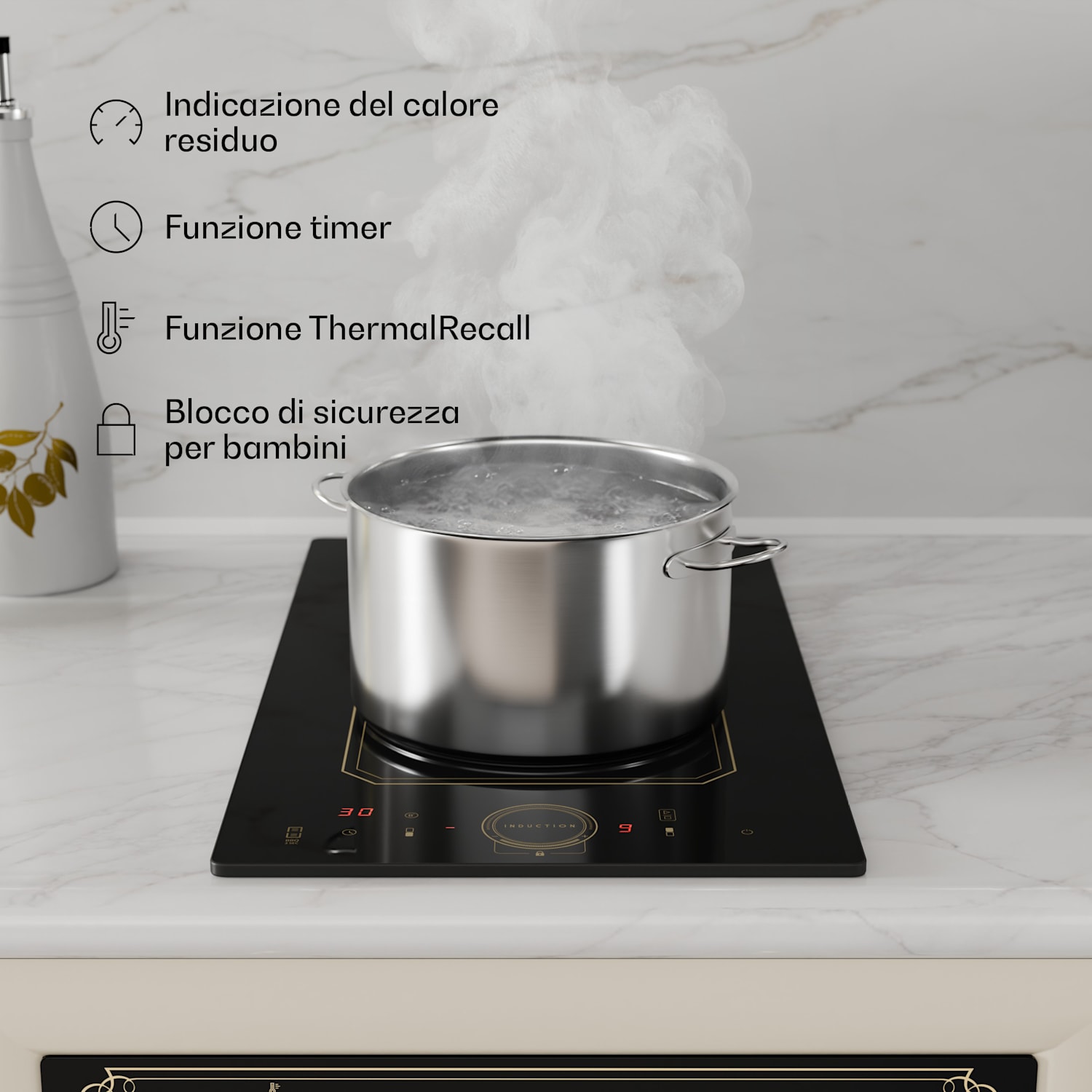 Victoria Domino - Piano cottura a induzione da incasso, 3500 W, Flexzone, timer  Nero