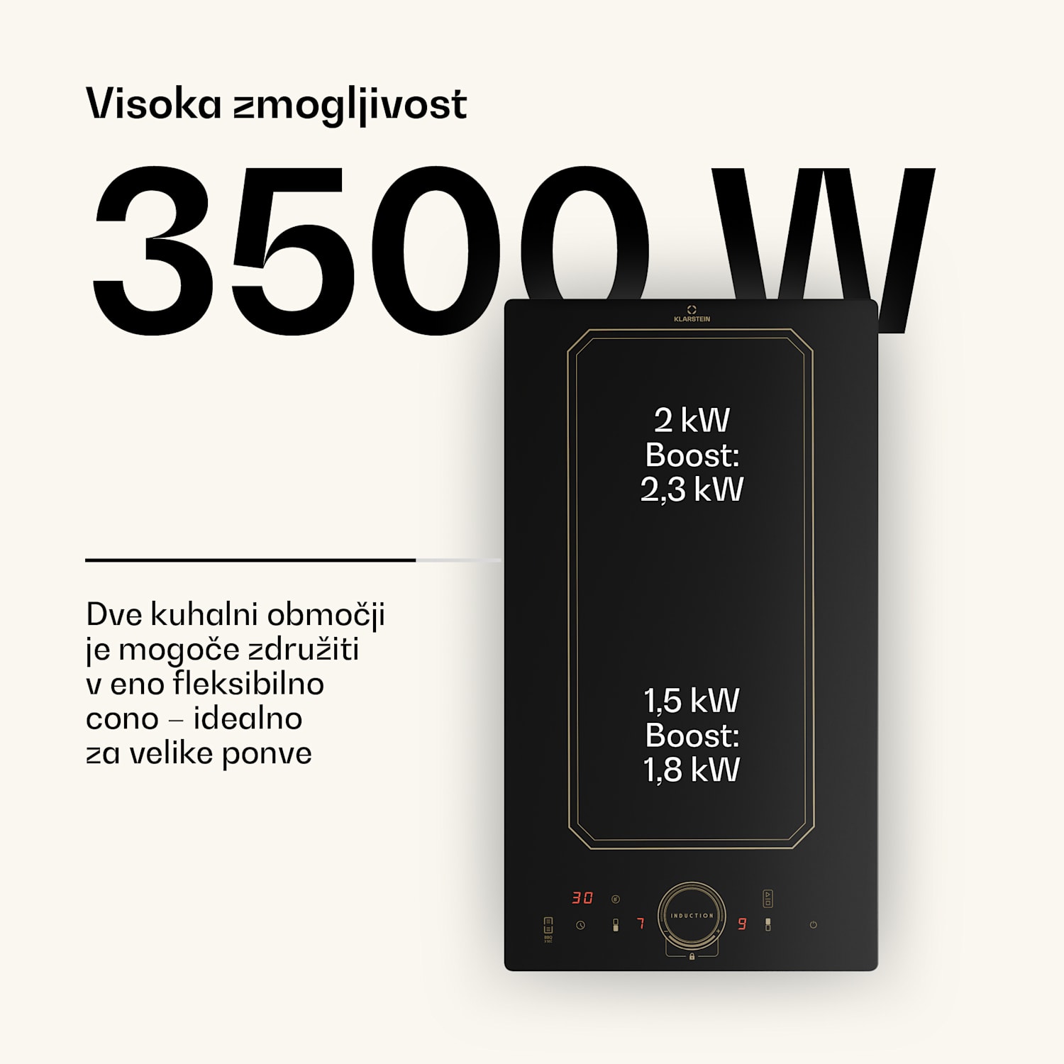 Victoria Domino, indukcijska kuhalna plošča, vgradna, 3500 W, Flexzone, časovnik Črna