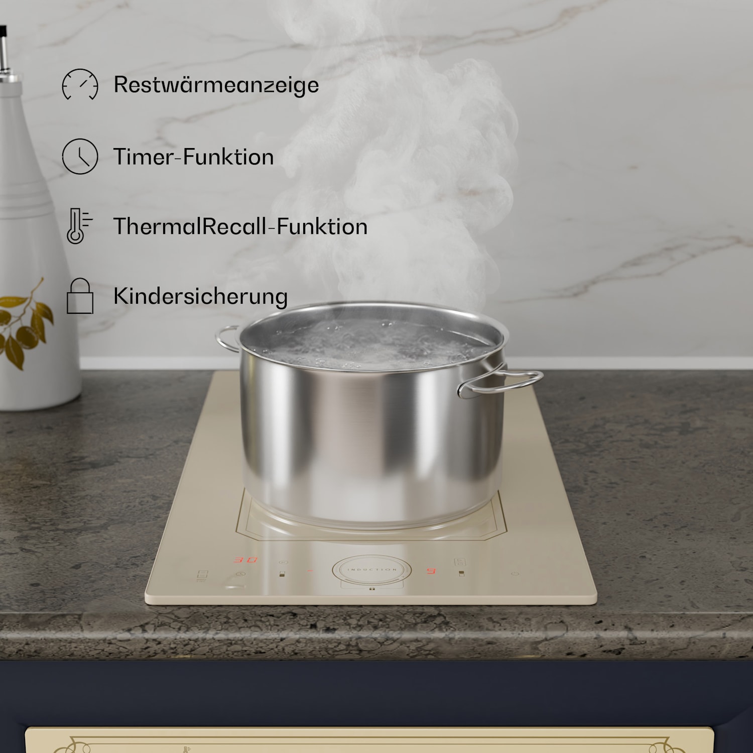 Victoria Domino - Piano cottura a induzione da incasso, 3500 W, Flexzone, timer  Crema vintage