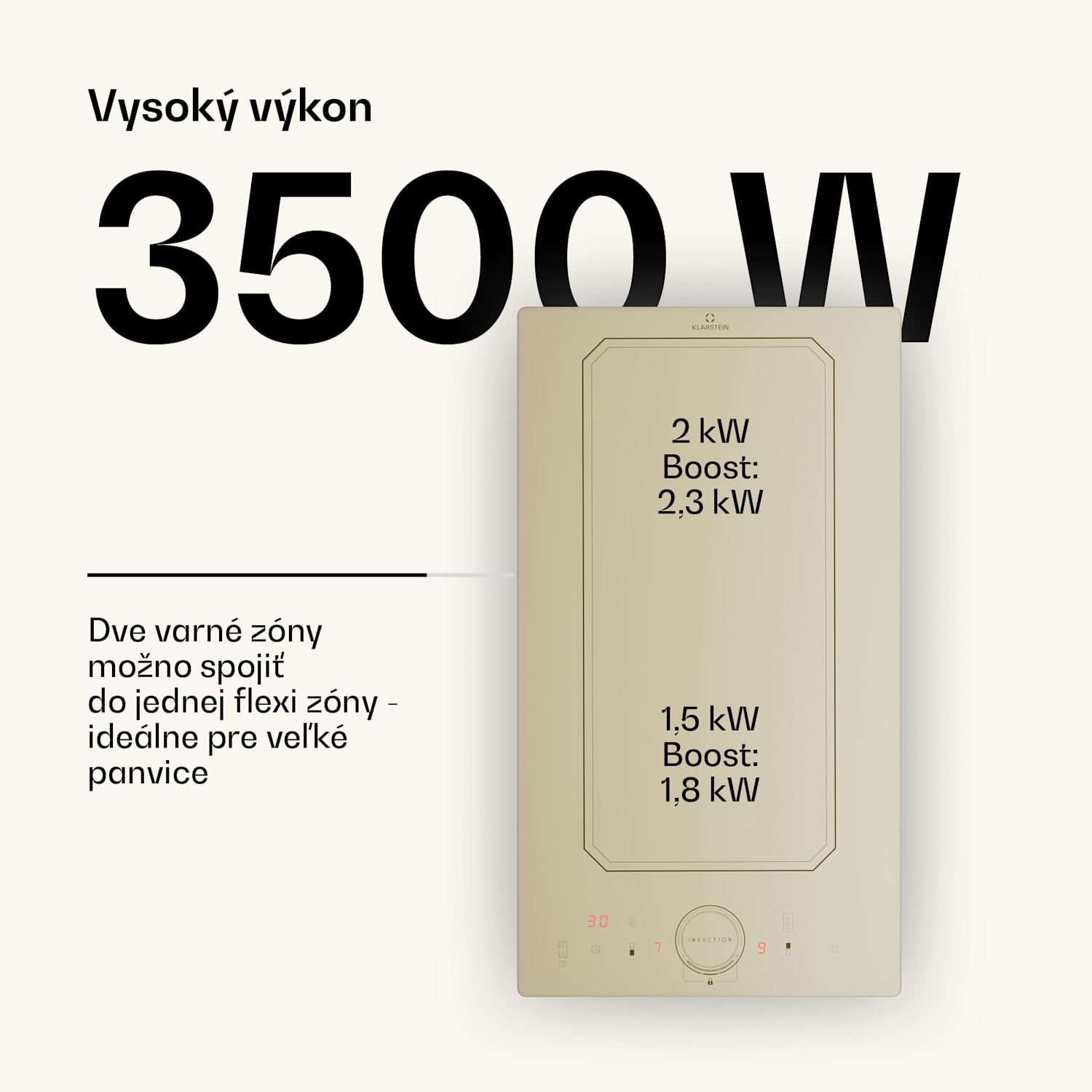 Victoria Domino, vstavaná indukčná varná doska, 3500 W, Flexzone, časovač Vintage Cream