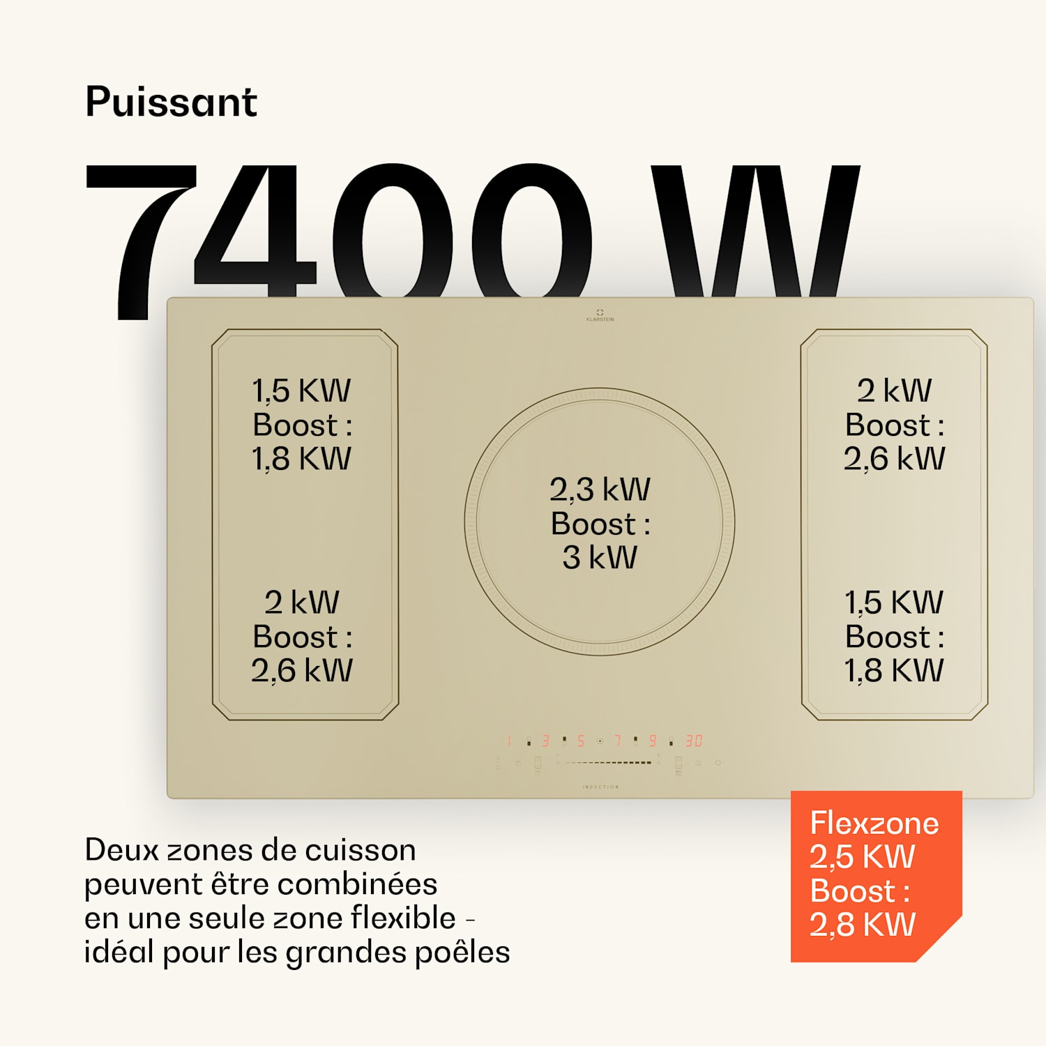 Victoria 5 Flex Table de cuisson à induction encastrable 7400 W 2 zones Flex minuterie  5 | Crème Vintage