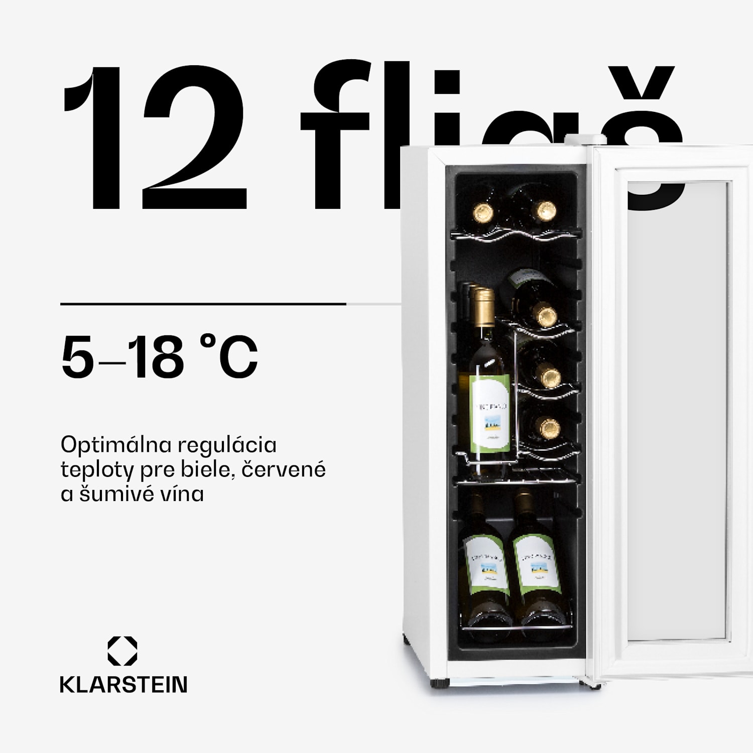 Shiraz 12 Slim, vinotéka, 32 l, 12 fliaš, 85 W, 5–18°C, dotykový ovládací panel 12 fliaš | 1 chladiaca zóna | Biele sklo
