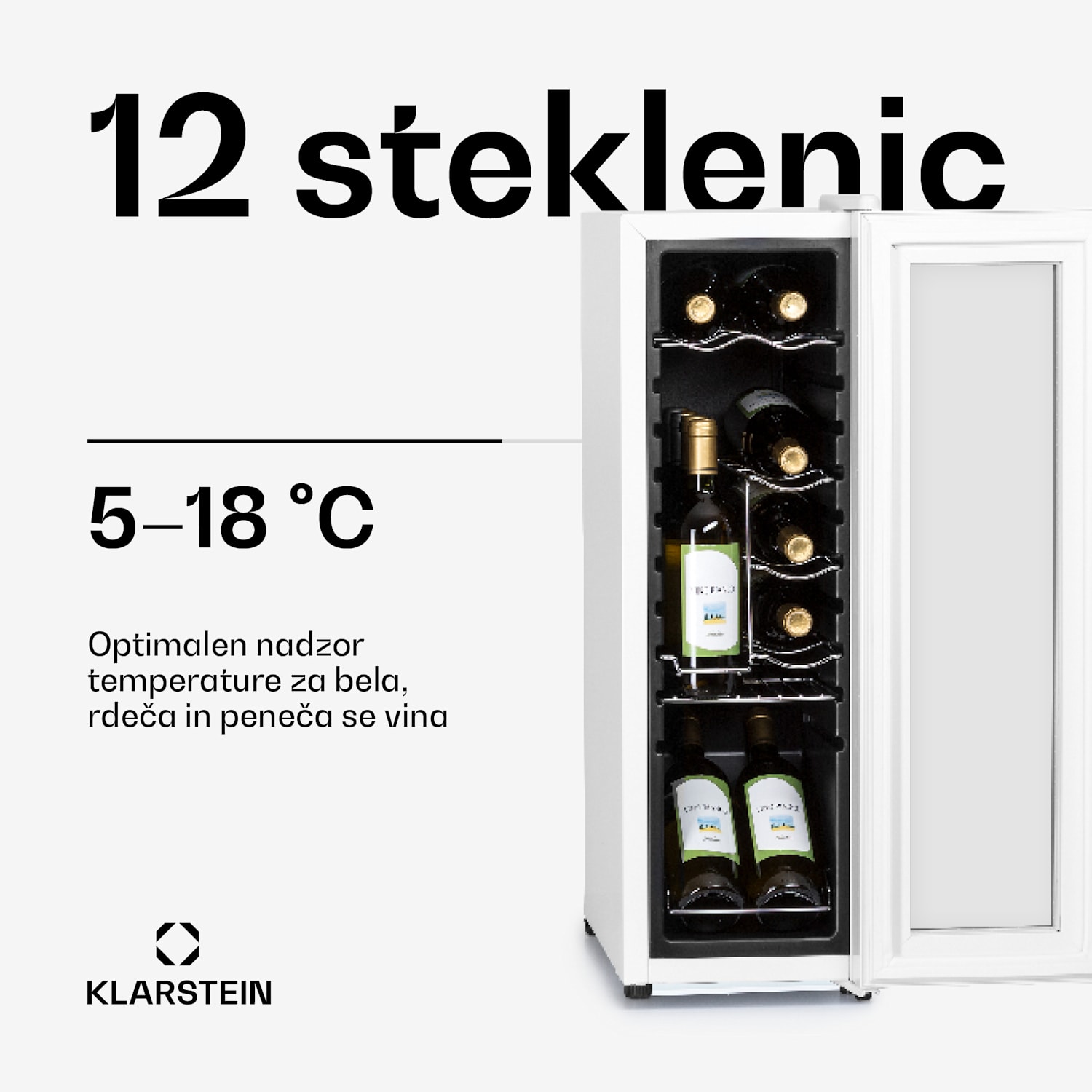 Shiraz 12 Slim, hladilnik za vino. 32 l/12 steklenic, nadzorna plošča na dotik, 85 W, 5 - 18 °C 12 steklenic | 1 | Belo Steklo