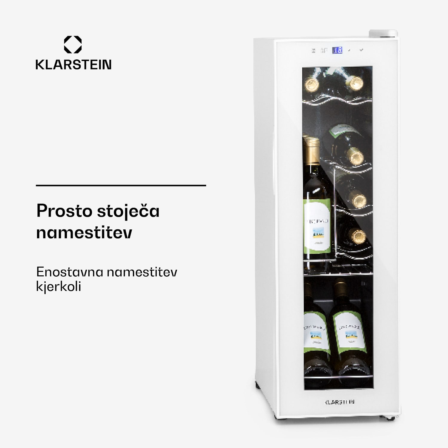 Shiraz 12 Slim, hladilnik za vino. 32 l/12 steklenic, nadzorna plošča na dotik, 85 W, 5 - 18 °C 12 steklenic | 1 | Belo Steklo