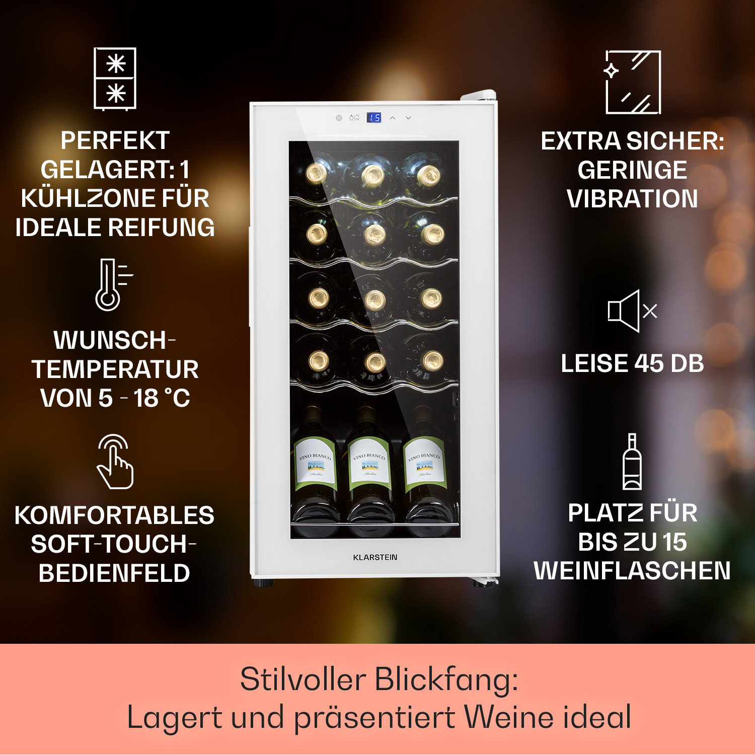 Shiraz 15 Slim Uno Weinkühlschrank 44l Touch-Bedienfeld 5-18°C 15 Flaschen | 1 Kühlzone | Weißes Glas