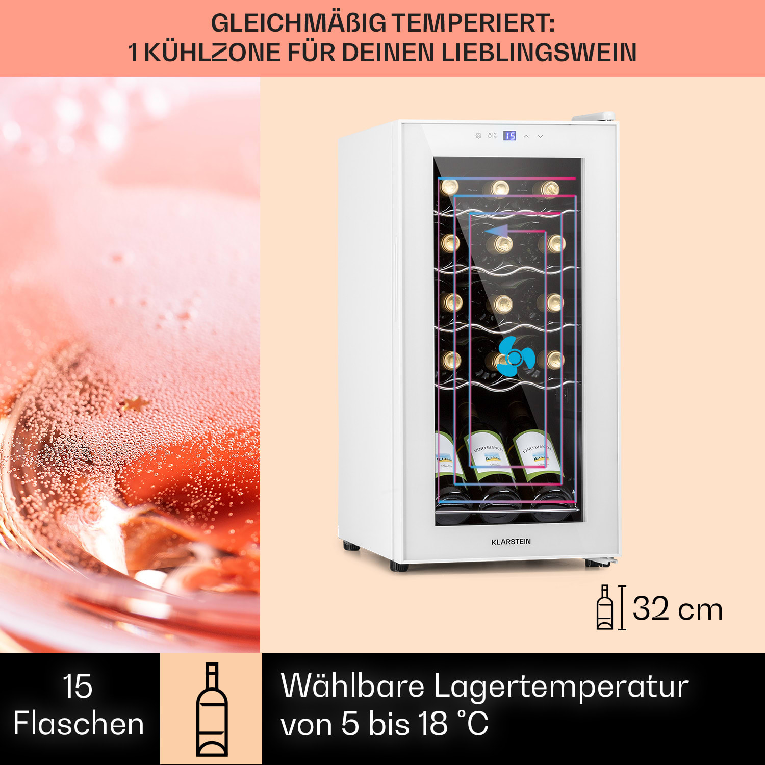 Shiraz 15 Slim Uno Weinkühlschrank 44l Touch-Bedienfeld 5-18°C 15 Flaschen | 1 Kühlzone | Weißes Glas
