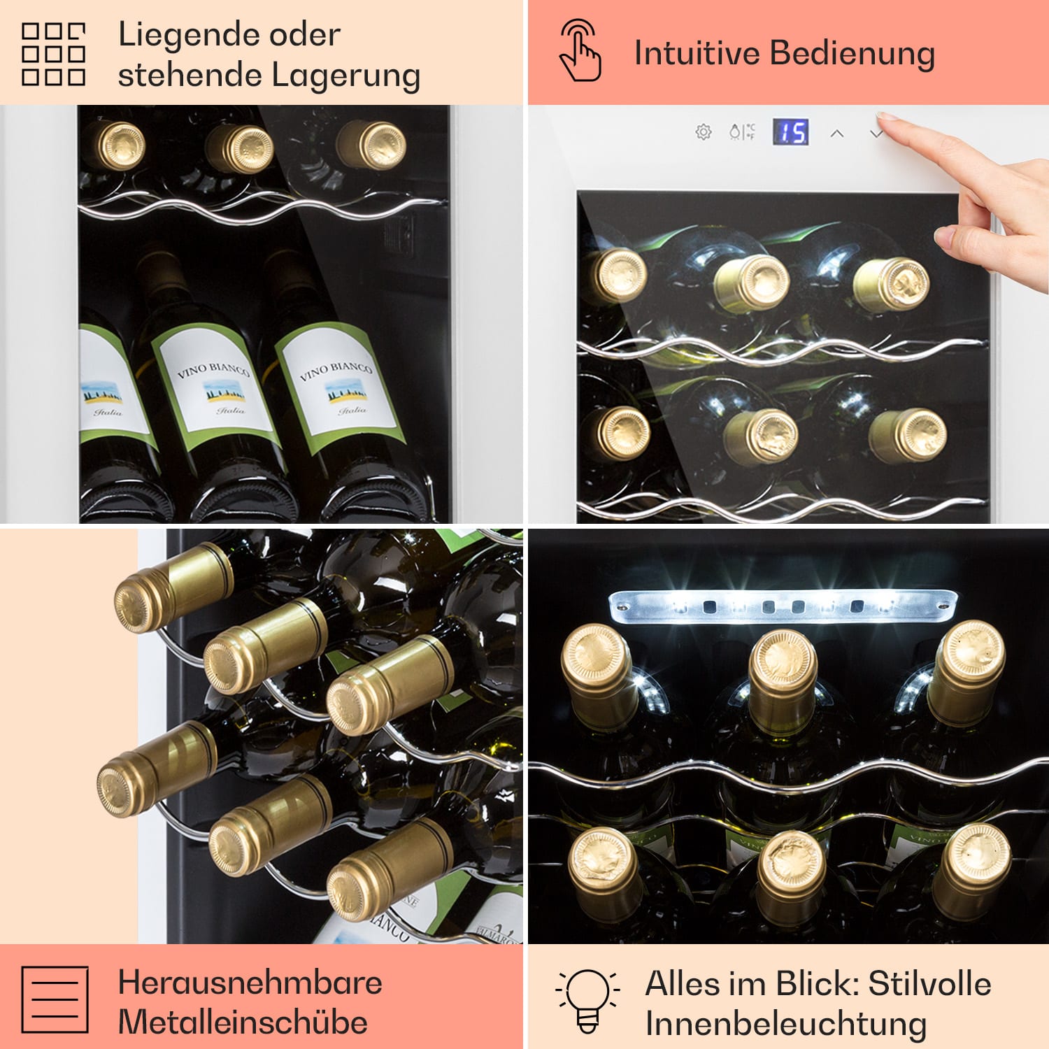 Shiraz 15 Slim Uno Weinkühlschrank 44l Touch-Bedienfeld 5-18°C 15 Flaschen | 1 Kühlzone | Weißes Glas