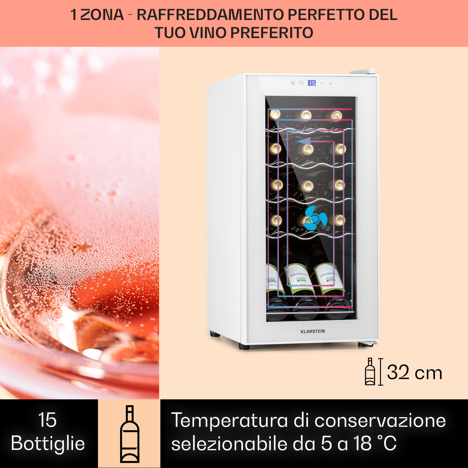 Shiraz 15 Slim Uno - Frigorifero per vini, 44 l, pannello di controllo touch, 5-18°C 15 bottiglie | 1 zona di raffreddamento | Bianco trasparente