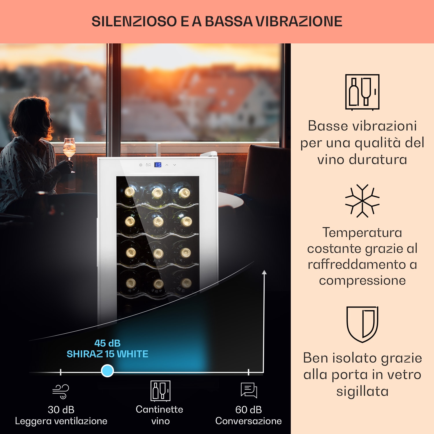 Shiraz 15 Slim Uno - Frigorifero per vini, 44 l, pannello di controllo touch, 5-18°C 15 bottiglie | 1 zona di raffreddamento | Bianco trasparente