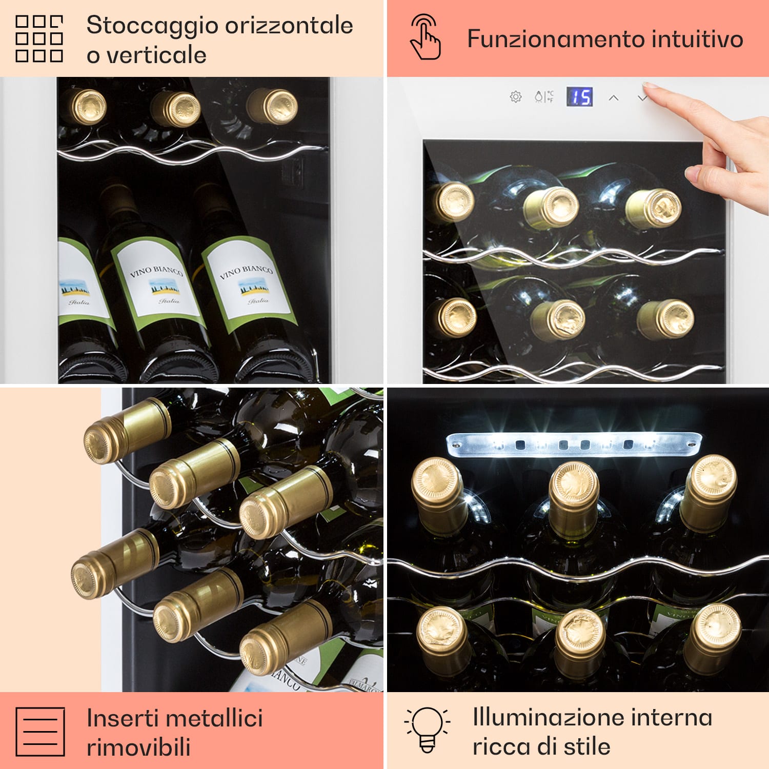 Shiraz 15 Slim Uno - Frigorifero per vini, 44 l, pannello di controllo touch, 5-18°C 15 bottiglie | 1 zona di raffreddamento | Bianco trasparente
