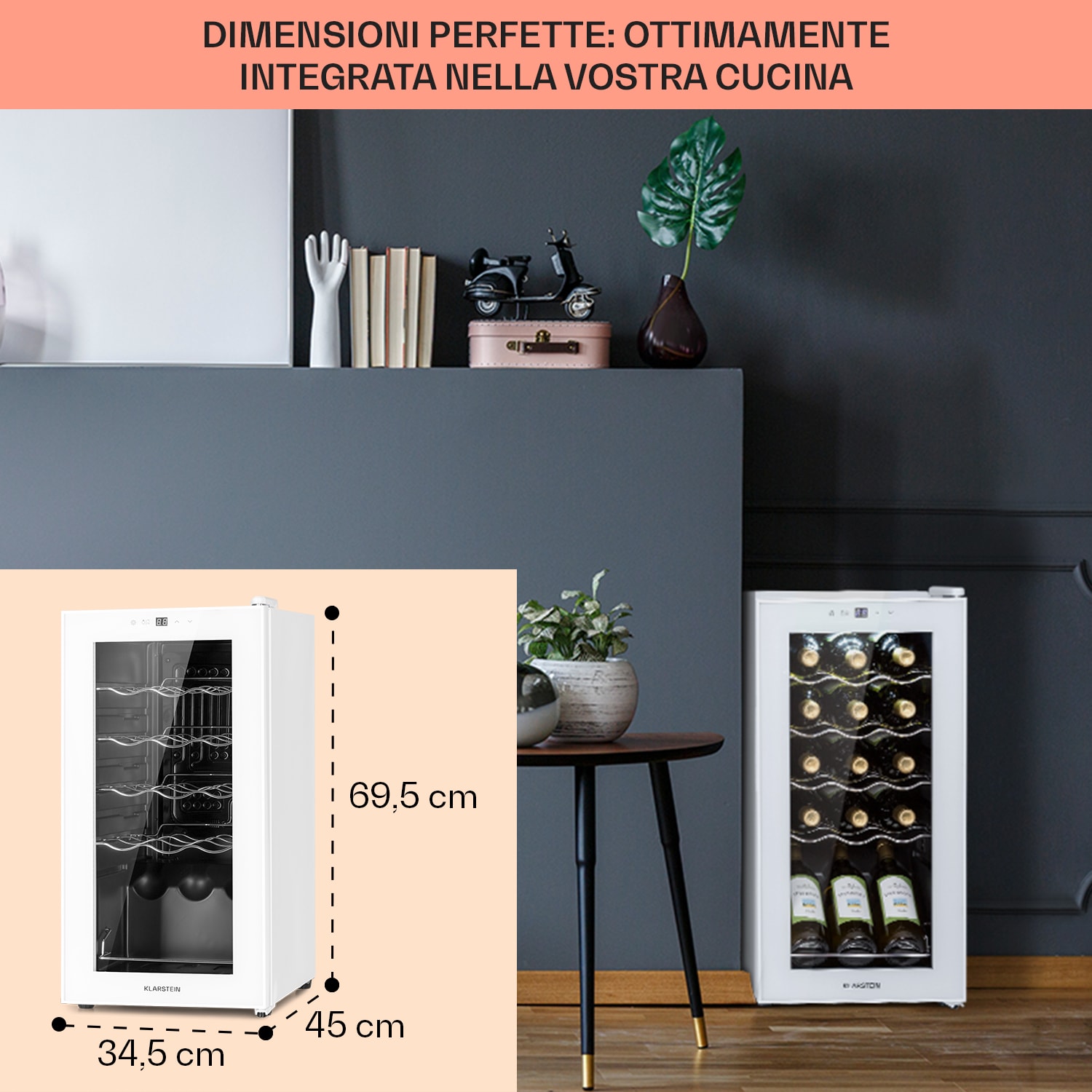 Shiraz 15 Slim Uno - Frigorifero per vini, 44 l, pannello di controllo touch, 5-18°C 15 bottiglie | 1 zona di raffreddamento | Bianco trasparente