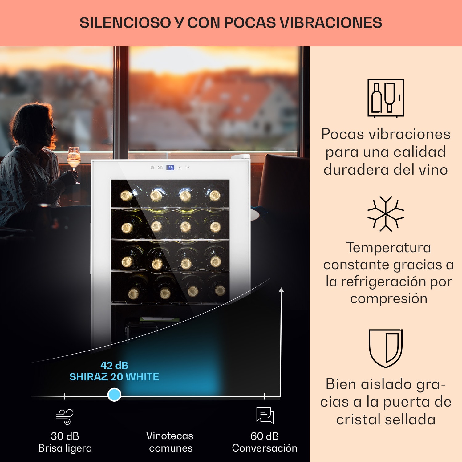 Klarstein Shiraz 20 Uno Vinoteca 53L 20 botellas panel de control táctil de 5 a 18 °C 20 botellas | 1 zona de refrigeración | Vidrio Blanco