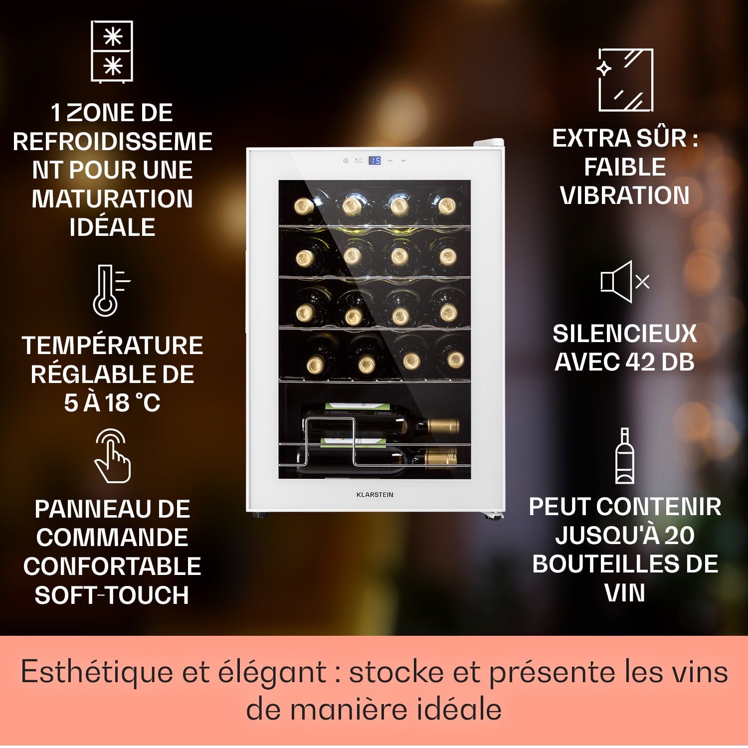 Shiraz 20 Uno Cave à vin 53 L 20 bt. Panneau de contrôle tactile  5-18° C 20 bouteilles | 1 zone de conservation | Verre Blanc