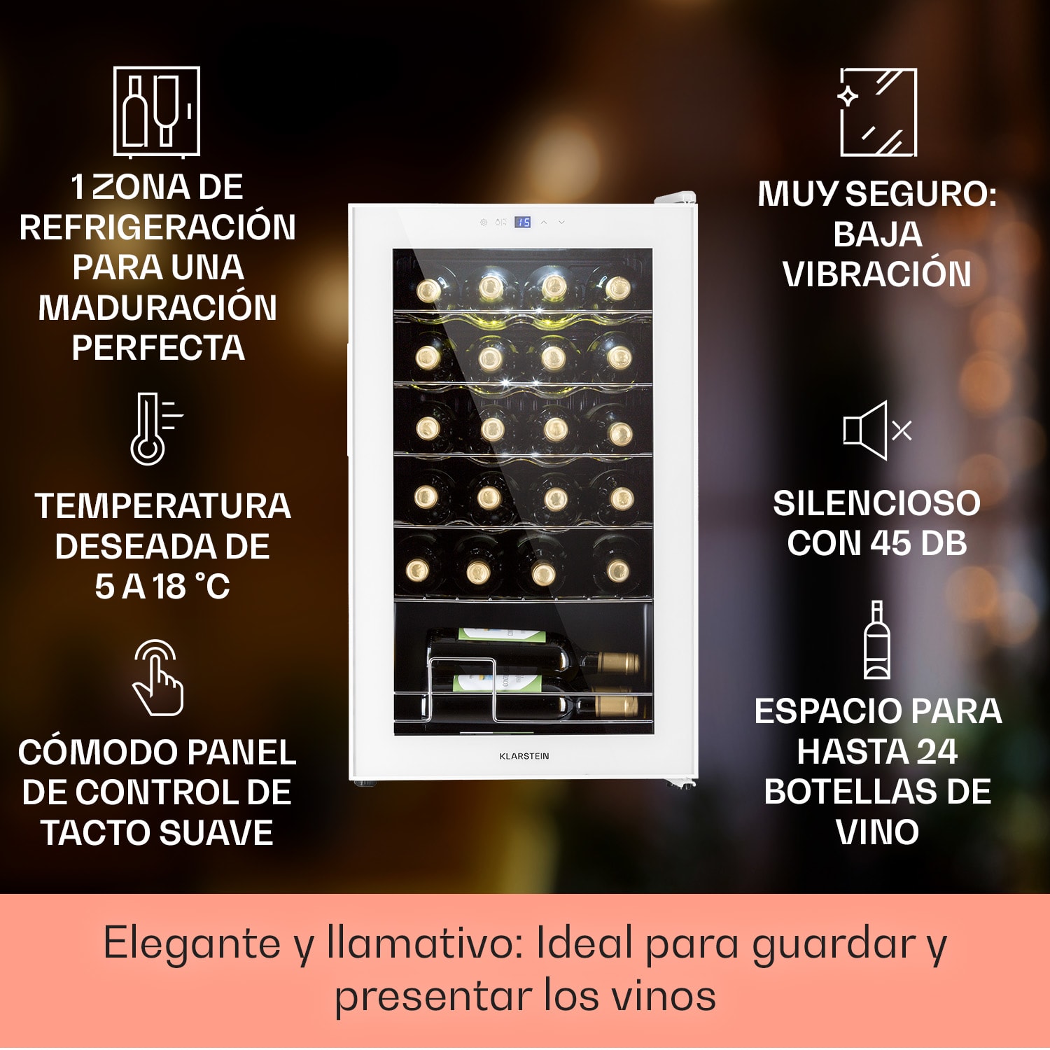 Shiraz 24 Uno Vinoteca 63L 24 botellas panel de control táctil de 5 a 18 °C 24 botellas | 1 zona de refrigeración | Vidrio Blanco