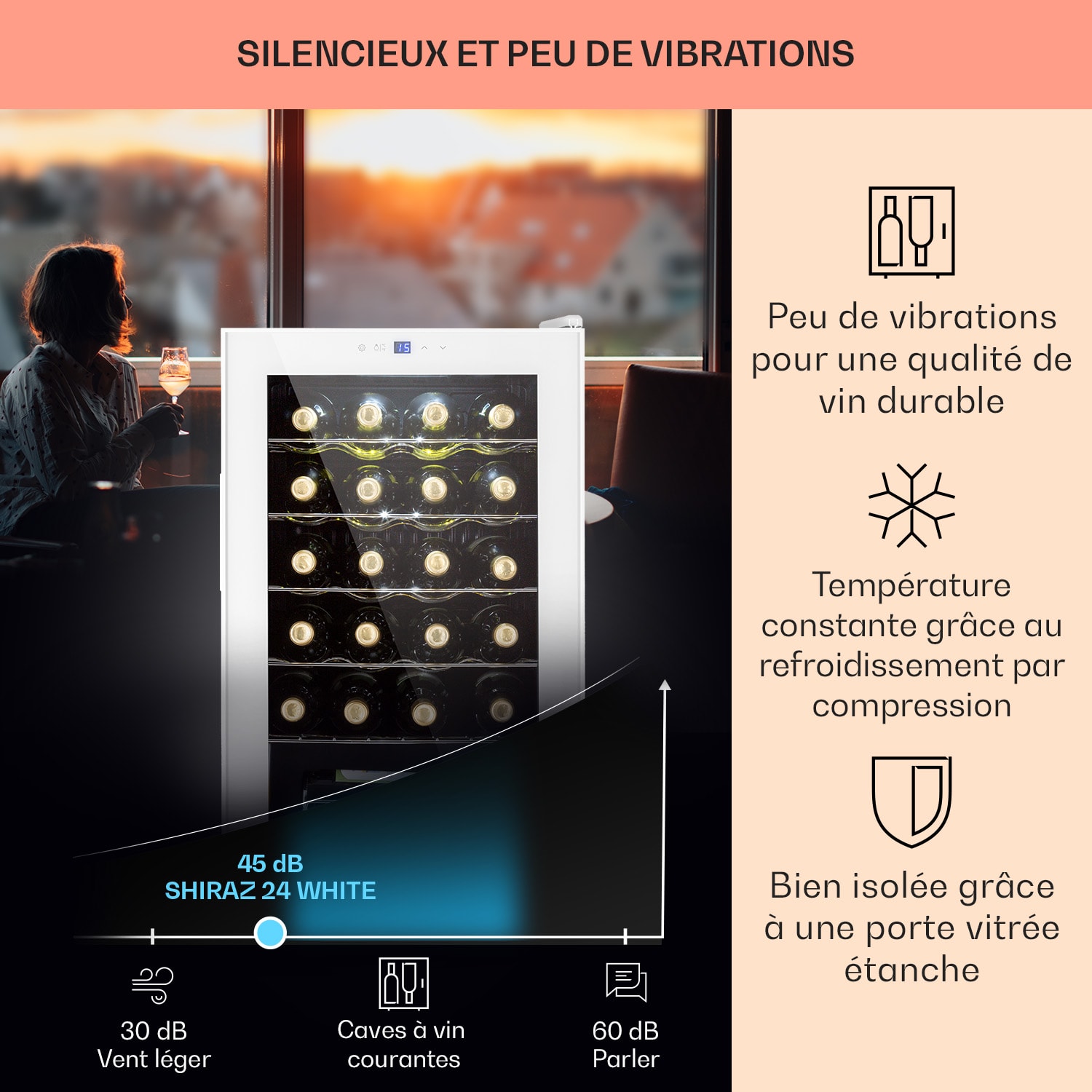 Shiraz 24 Uno wijnkoelkast 63l 24fl touch bediening  5-18°C 24 flessen | 1 koelzone | Wit Glas