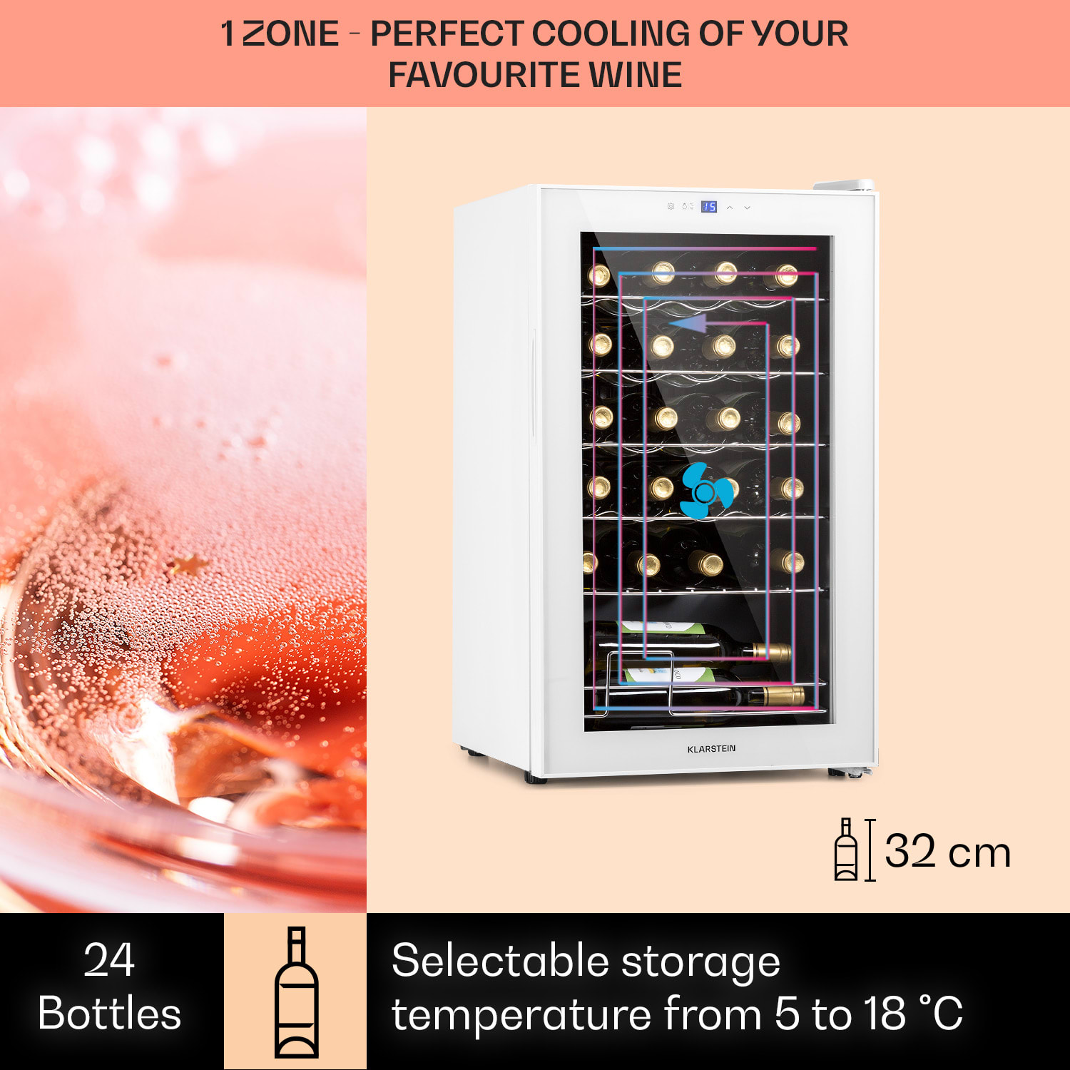 Shiraz 24 Uno, chłodziarka do wina, 63 l, 24 butelki, dotykowy panel sterowania, 5-18°C 24 butelki | 1 strefa chłodzenia | Białe Szkło