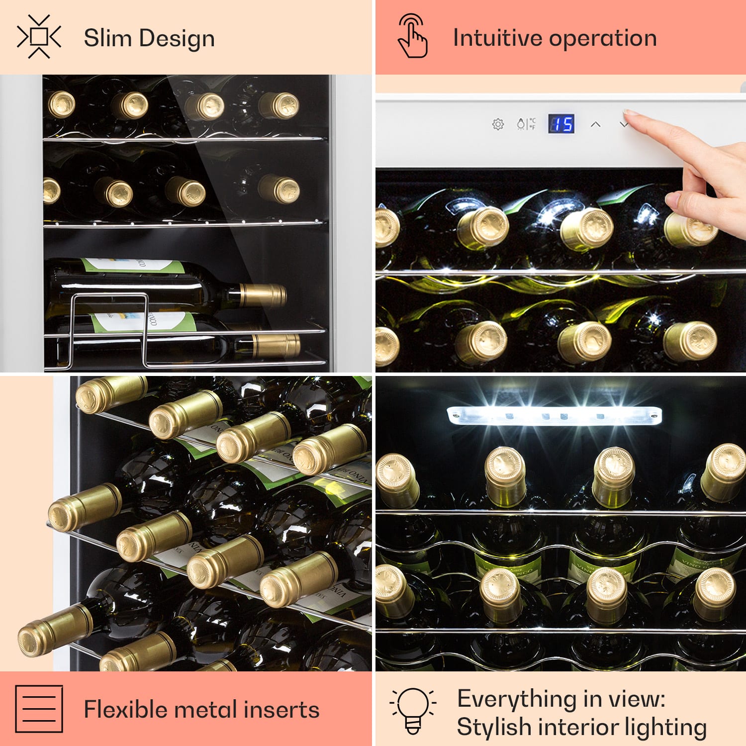 Shiraz 24 Uno, chłodziarka do wina, 63 l, 24 butelki, dotykowy panel sterowania, 5-18°C 24 butelki | 1 strefa chłodzenia | Białe Szkło