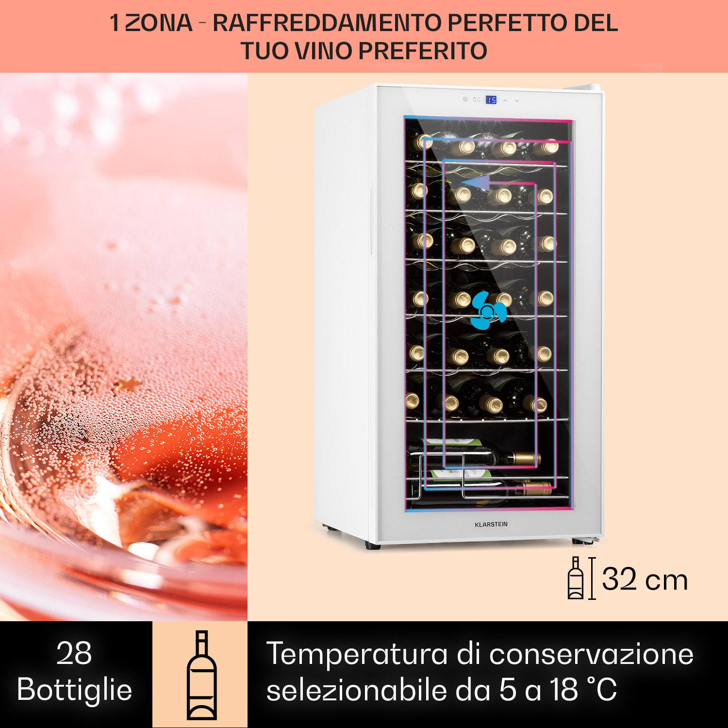 Shiraz 28 Uno - Frigorifero per vini, 74 l, 28 bottiglie, pannello di controllo touch, 5-18°C 