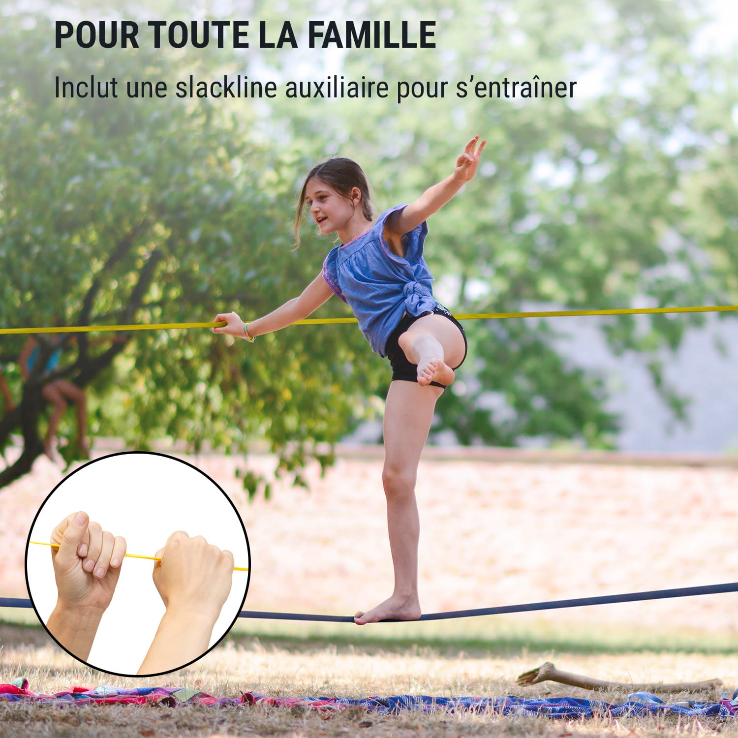 Antero Slackline 15 m x 5 cm, 2,5 m de corde à cliquet, 2 x protection d'arbre incl. slackline auxiliaire & sac de transport 15 m x 5 cm | Noir