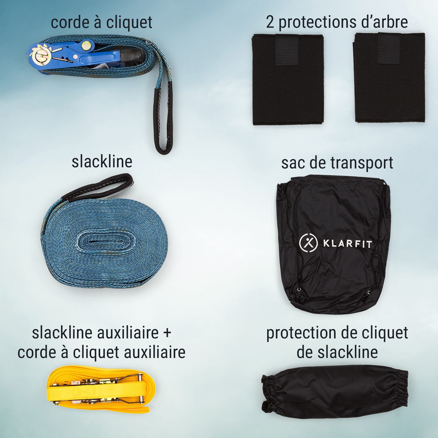 Antero Slackline 15 m x 5 cm, 2,5 m de corde à cliquet, 2 x protection d'arbre incl. slackline auxiliaire & sac de transport 15 m x 5 cm | Noir