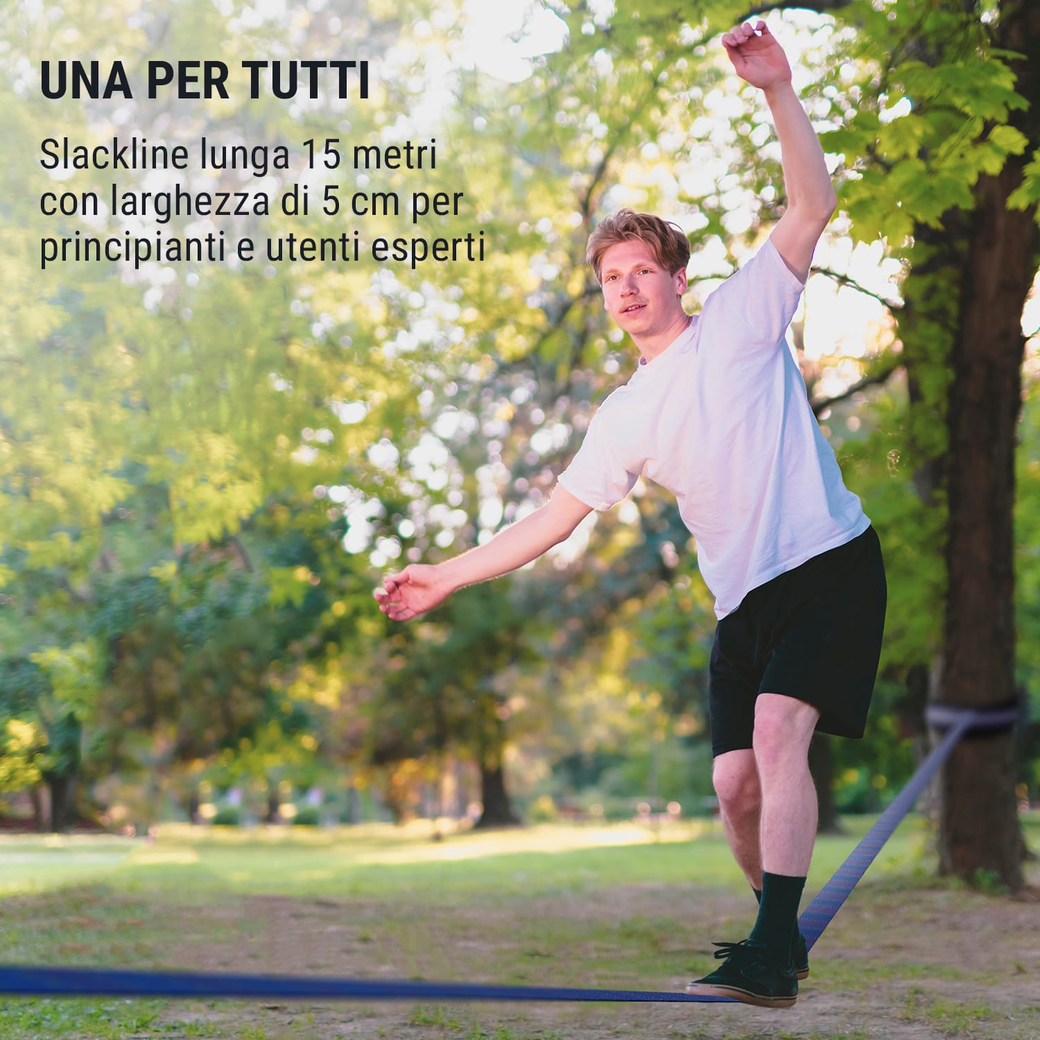 Antero - Slackline, 15 m x 5 cm, cinghia a cricchetto da 2,5 m, 2 x protezioni per alberi, incl. slackline ausiliaria e borsa di trasporto 15 m x 5 cm | Nero
