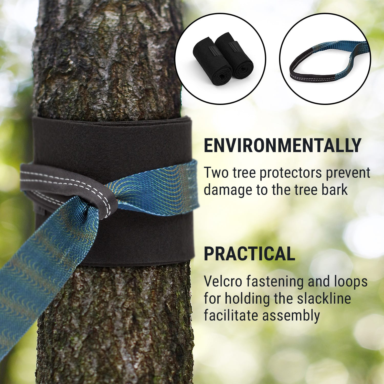 Antero Slackline, 15 m x 5 cm, 2,5 m racsnis kötél, 2 x favédő, beleértve a kiegészítő slackline és hordtáskát is 15 m x 5 cm | Fekete