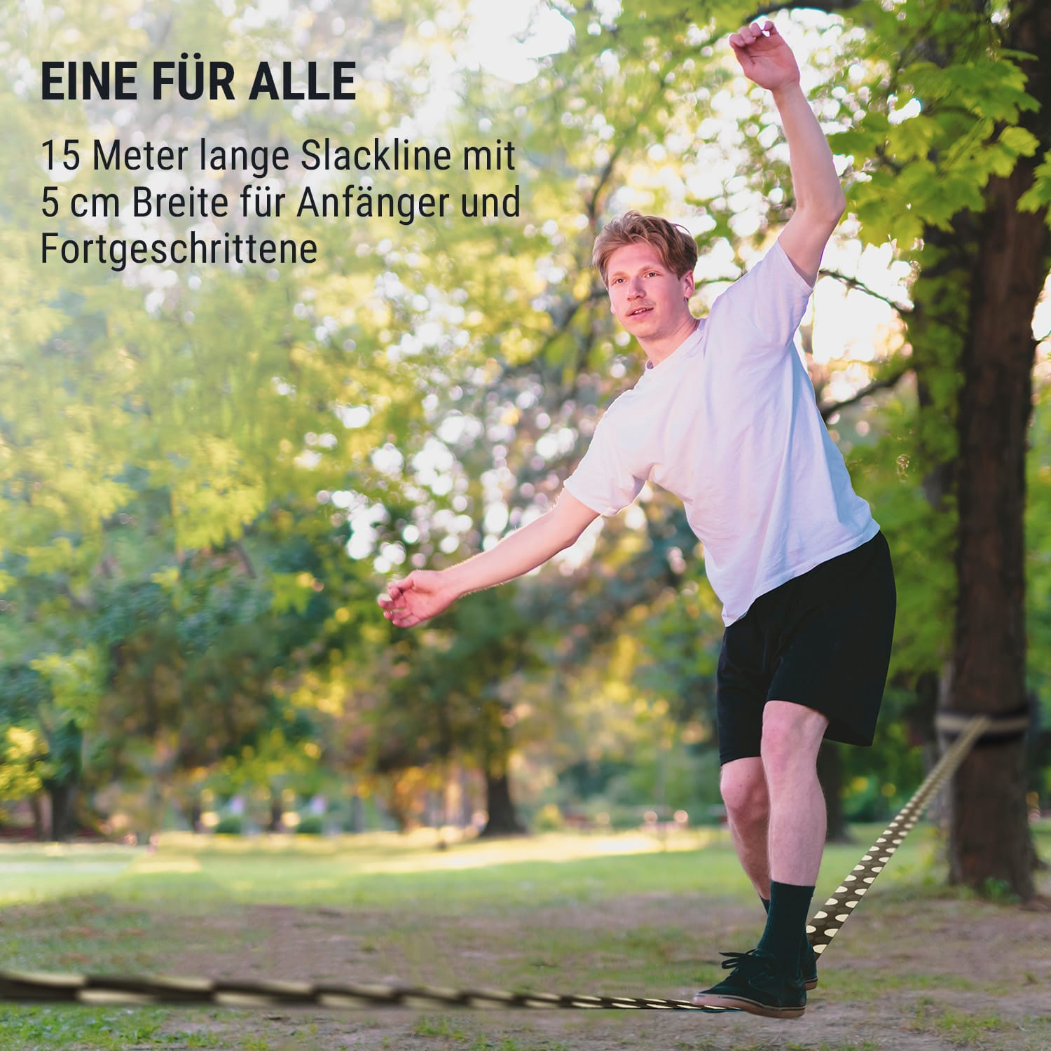 Antero Slackline 15 m x 5 cm, 2,5 m Ratschenleine 2 x Baumschutz inkl. Hilfs-Slackline & Tragetasche 