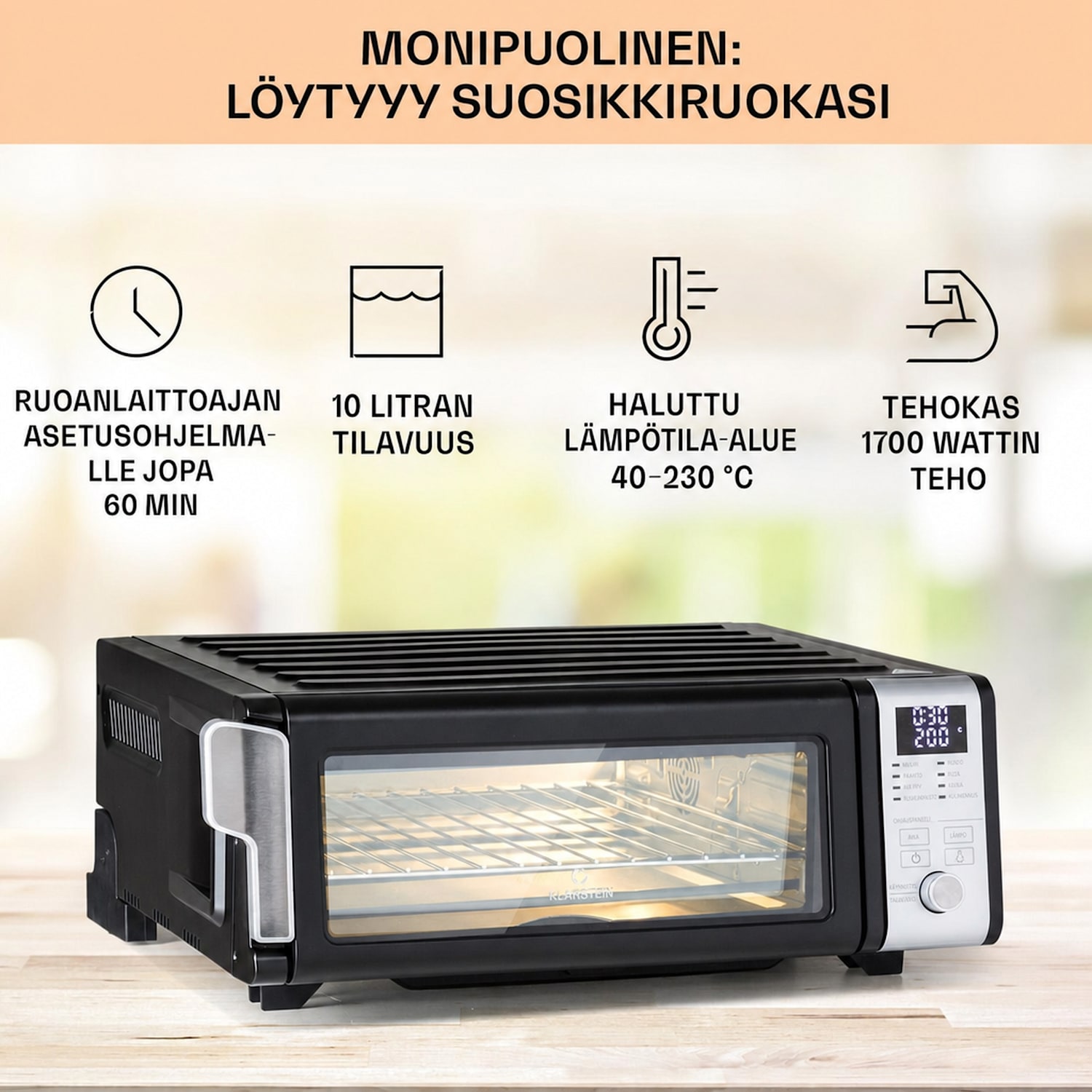 Vita-Crisp kuumailmakeitin 1700 W 10 l 8 toimintoa tilaa säästävästi Musta