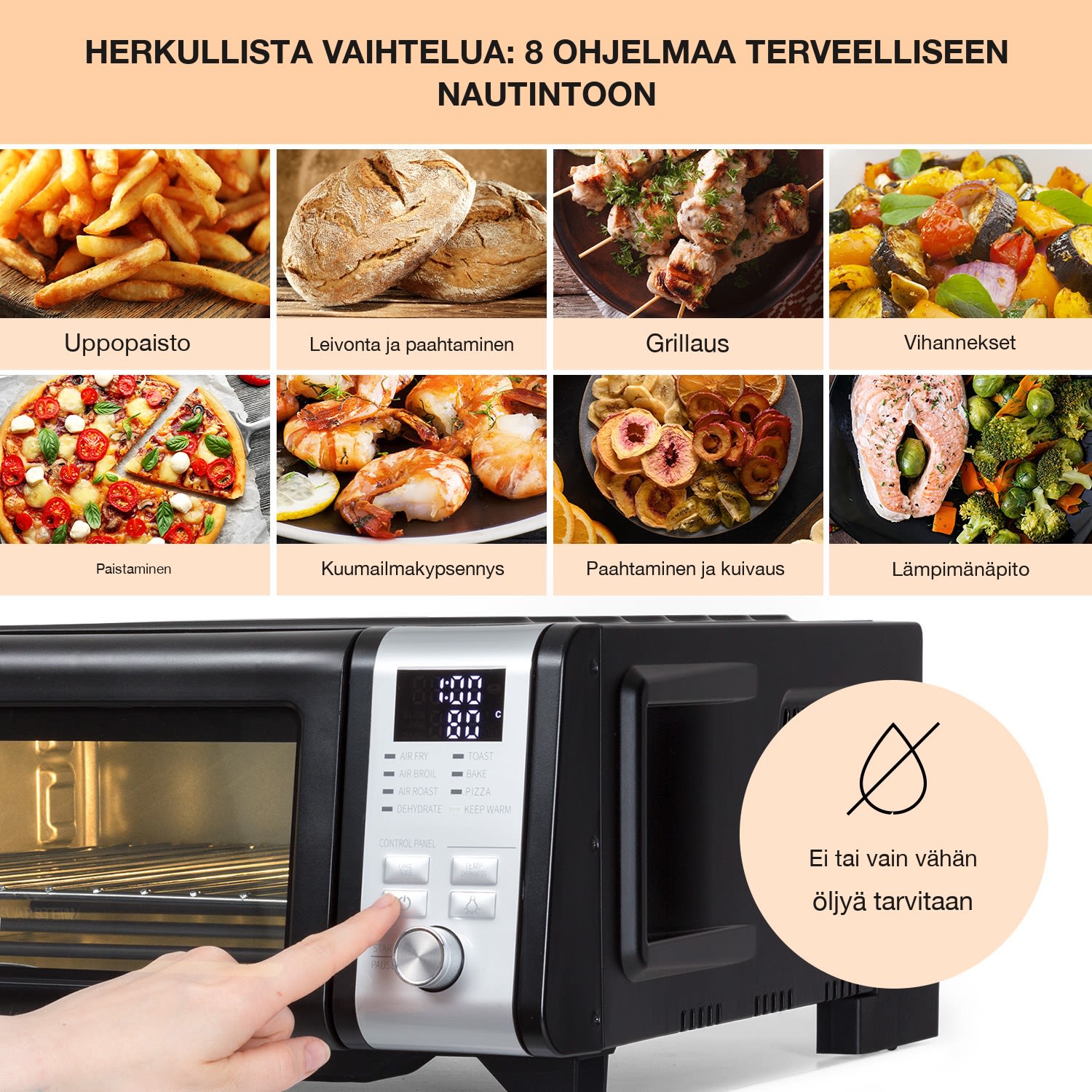 Vita-Crisp kuumailmakeitin 1700 W 10 l 8 toimintoa tilaa säästävästi Musta