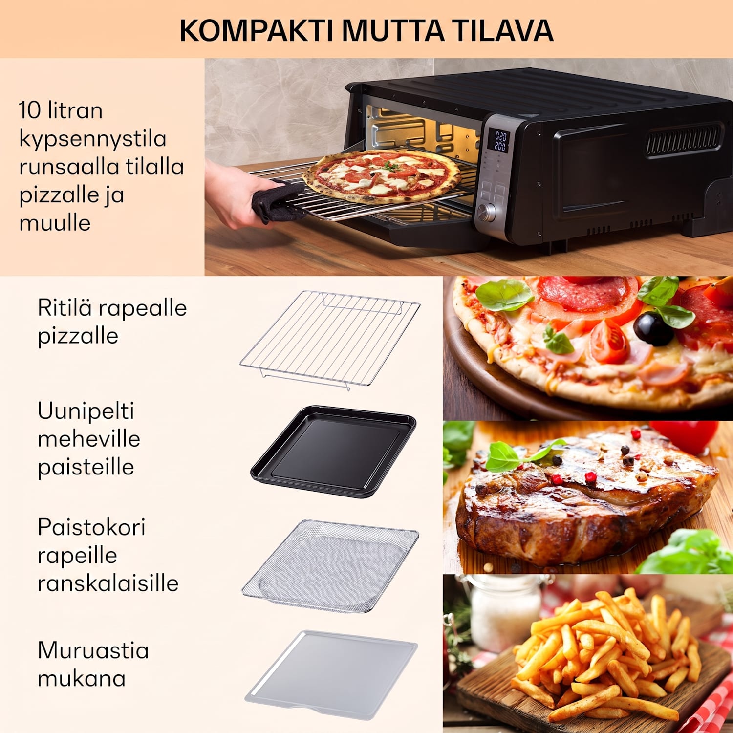 Vita-Crisp kuumailmakeitin 1700 W 10 l 8 toimintoa tilaa säästävästi Musta
