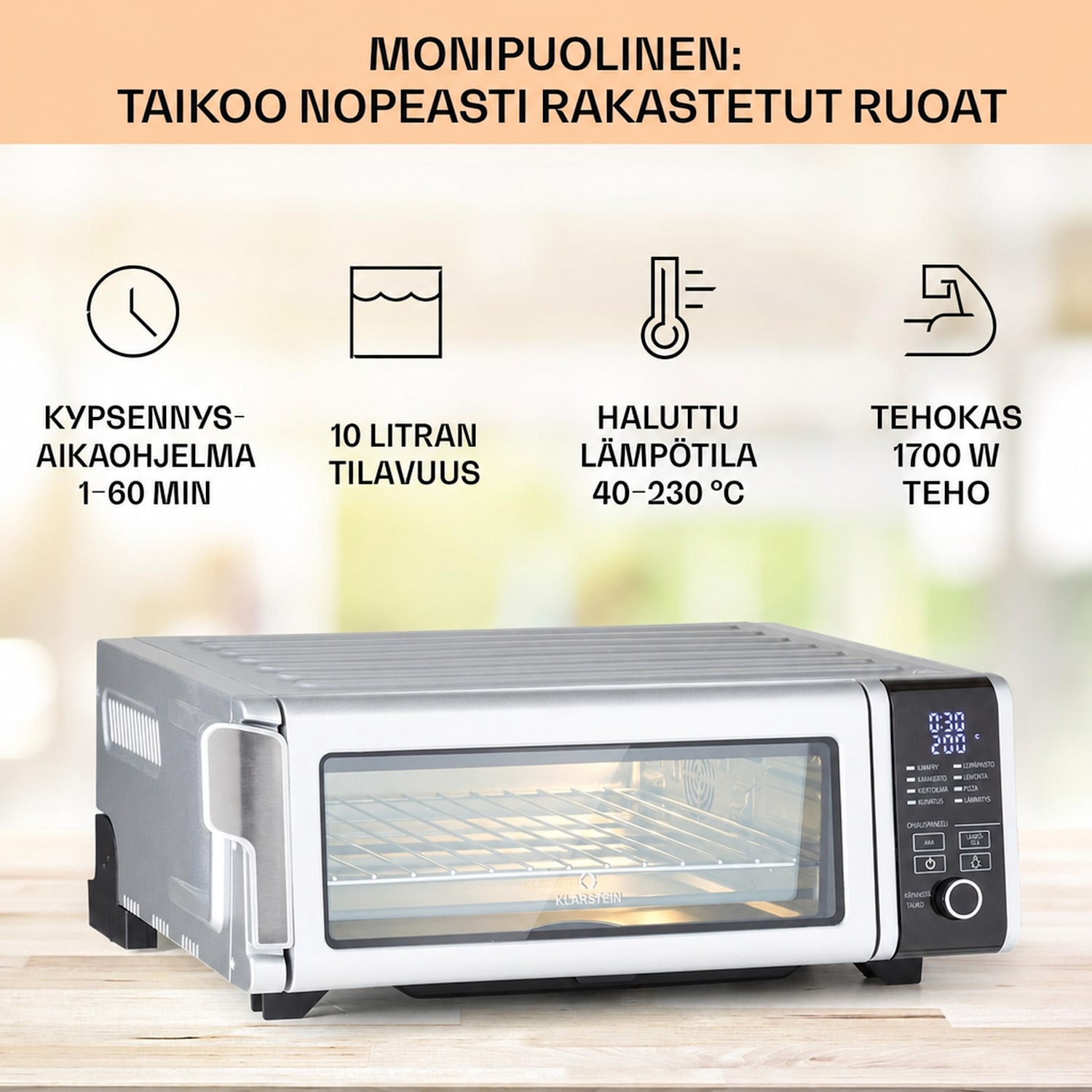 Vita-Crisp kuumailmakeitin 1700 W 10 l 8 toimintoa tilaa säästävästi Hopea Metallinen