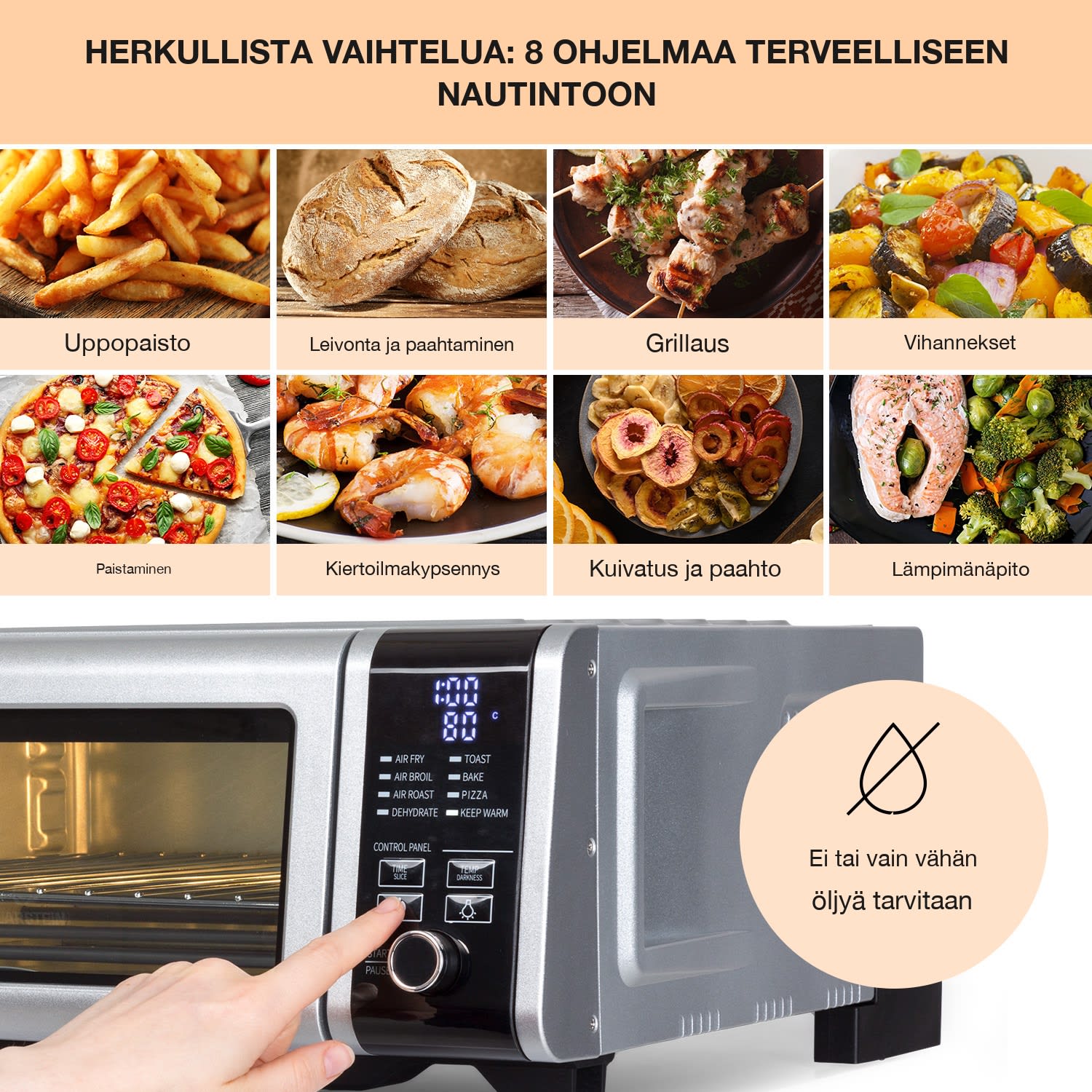 Vita-Crisp kuumailmakeitin 1700 W 10 l 8 toimintoa tilaa säästävästi Hopea Metallinen